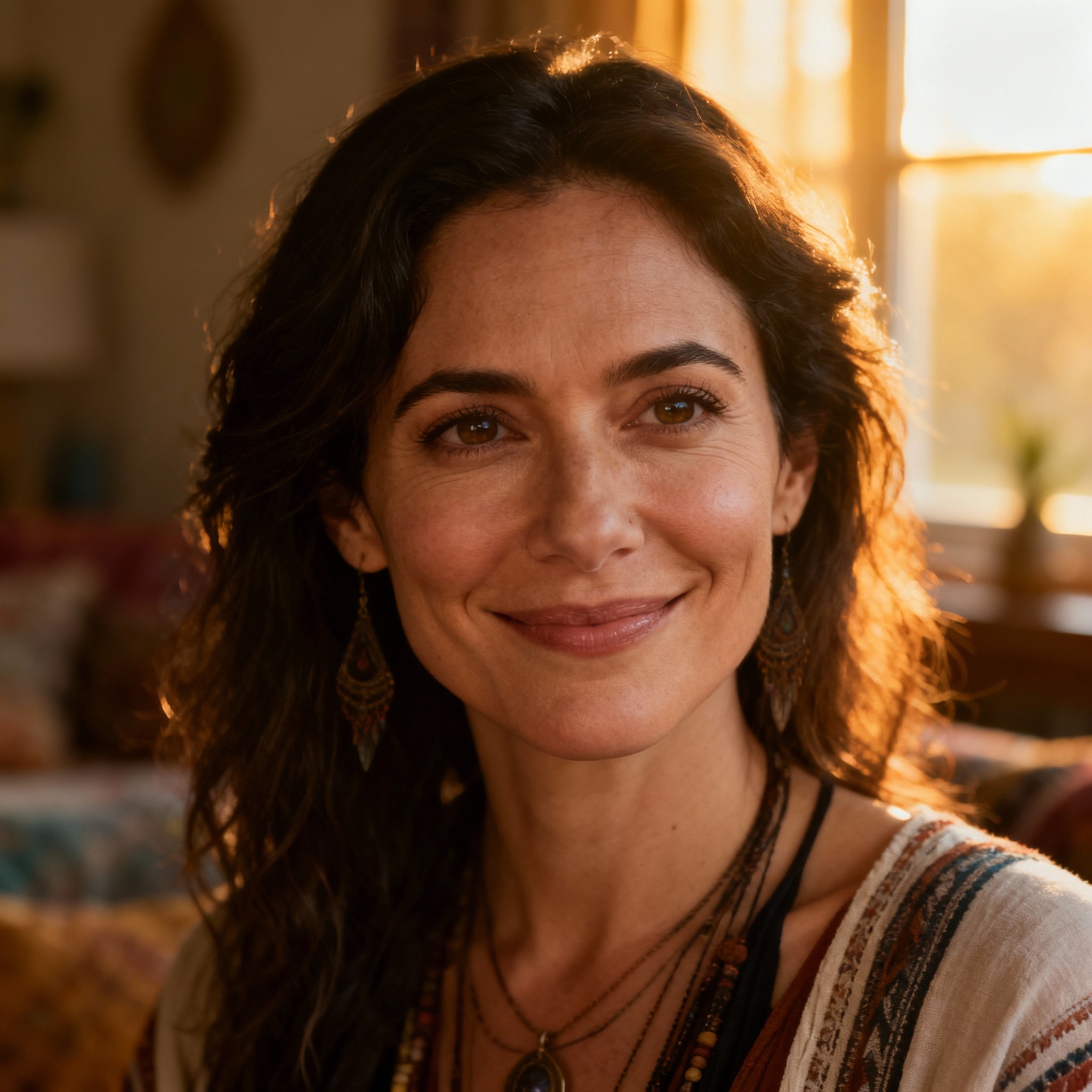 A close-up portrait of the psychic Alexa, featuring warm and empathetic eyes and a gentle smile. The background is a cozy consultation room, creating a friendly and trustworthy atmosphere.