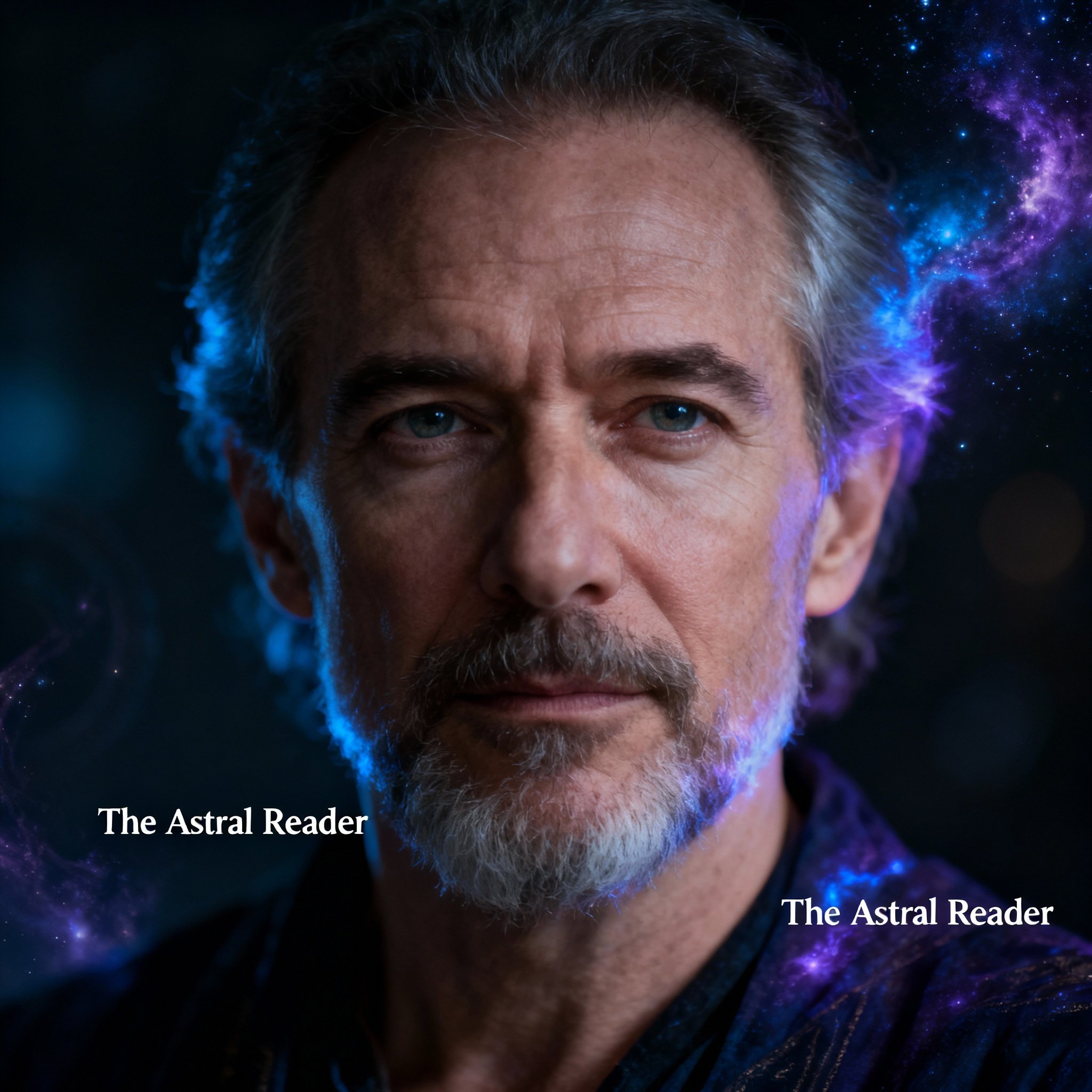 A close-up portrait of a wise, kind-eyed male psychic against a soft, starry background, evoking a sense of trust and mystery.