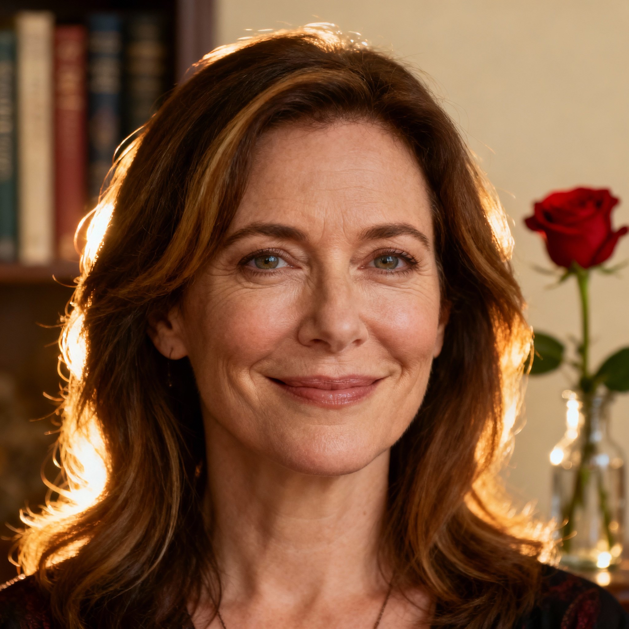 A close-up portrait of a middle-aged female psychic named Stella Rose, featuring a warm smile and eyes full of wisdom and compassion, set against a soft light background creating a trustworthy atmosphere.