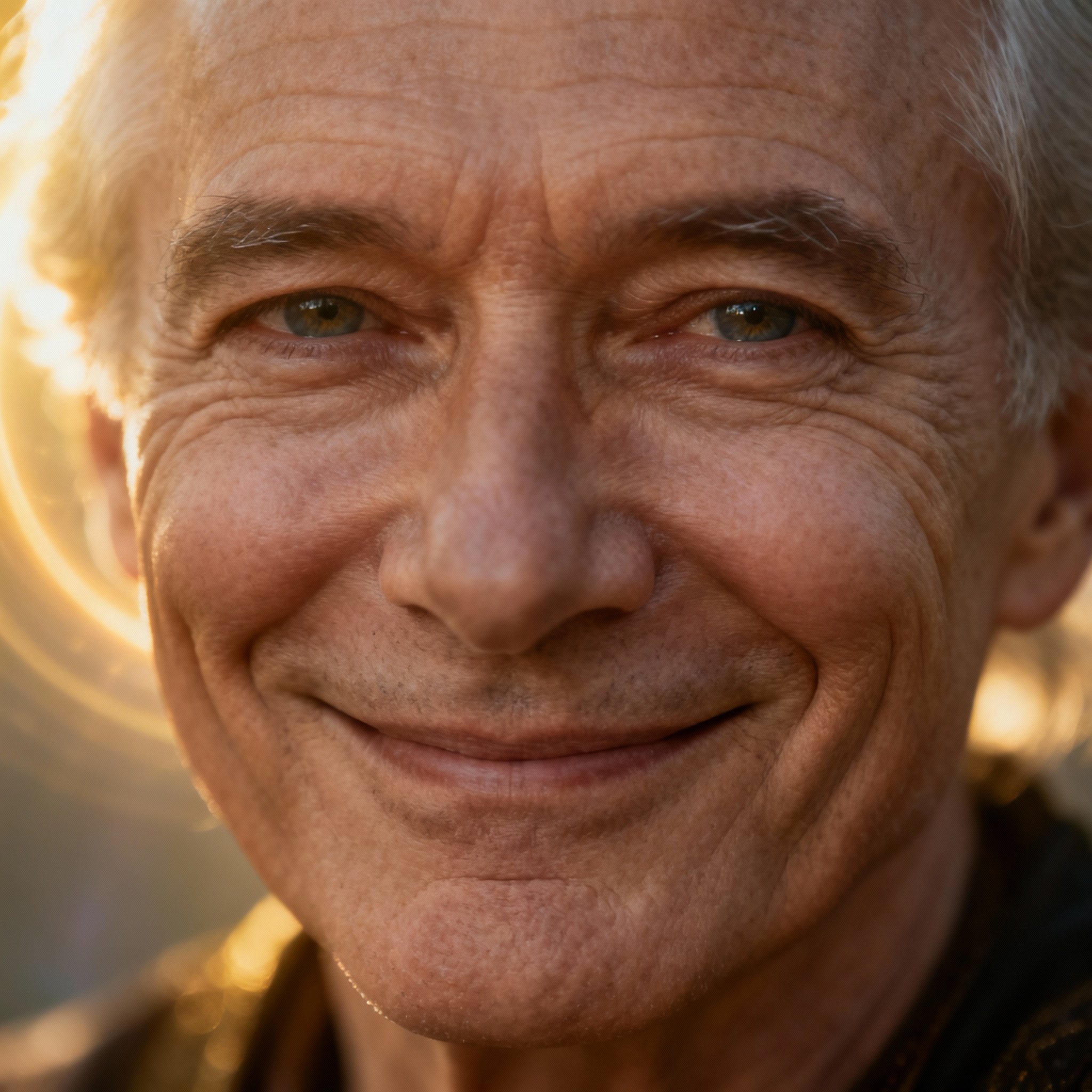 A close-up portrait of a wise and compassionate middle-aged female psychic. Her gaze is gentle yet firm, against a background with a soft halo of light, creating a sense of trust and professional insight.