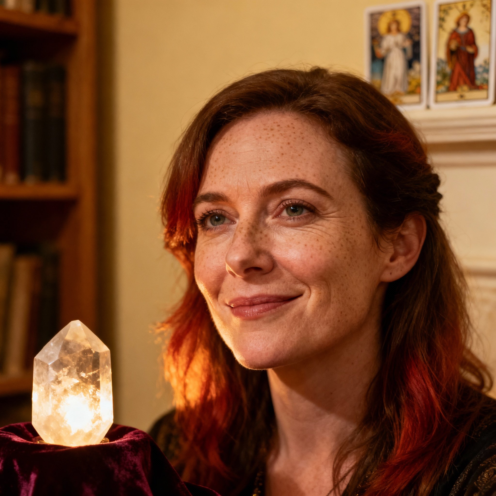 A portrait of a wise and compassionate female psychic with a warm gaze and a soft background, creating a sense of trust.