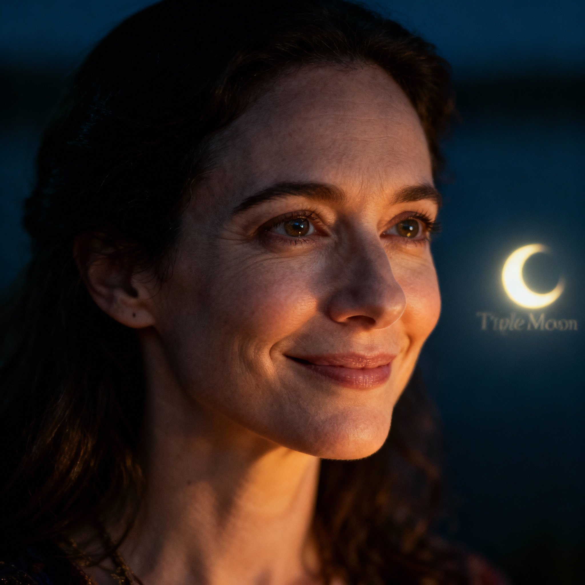A close-up portrait of a female psychic named Em. She has a warm, insightful smile and eyes that convey wisdom and empathy. Soft lighting illuminates her face, with subtle mystical moon phase symbols in the background, creating an atmosphere of trust and serenity.