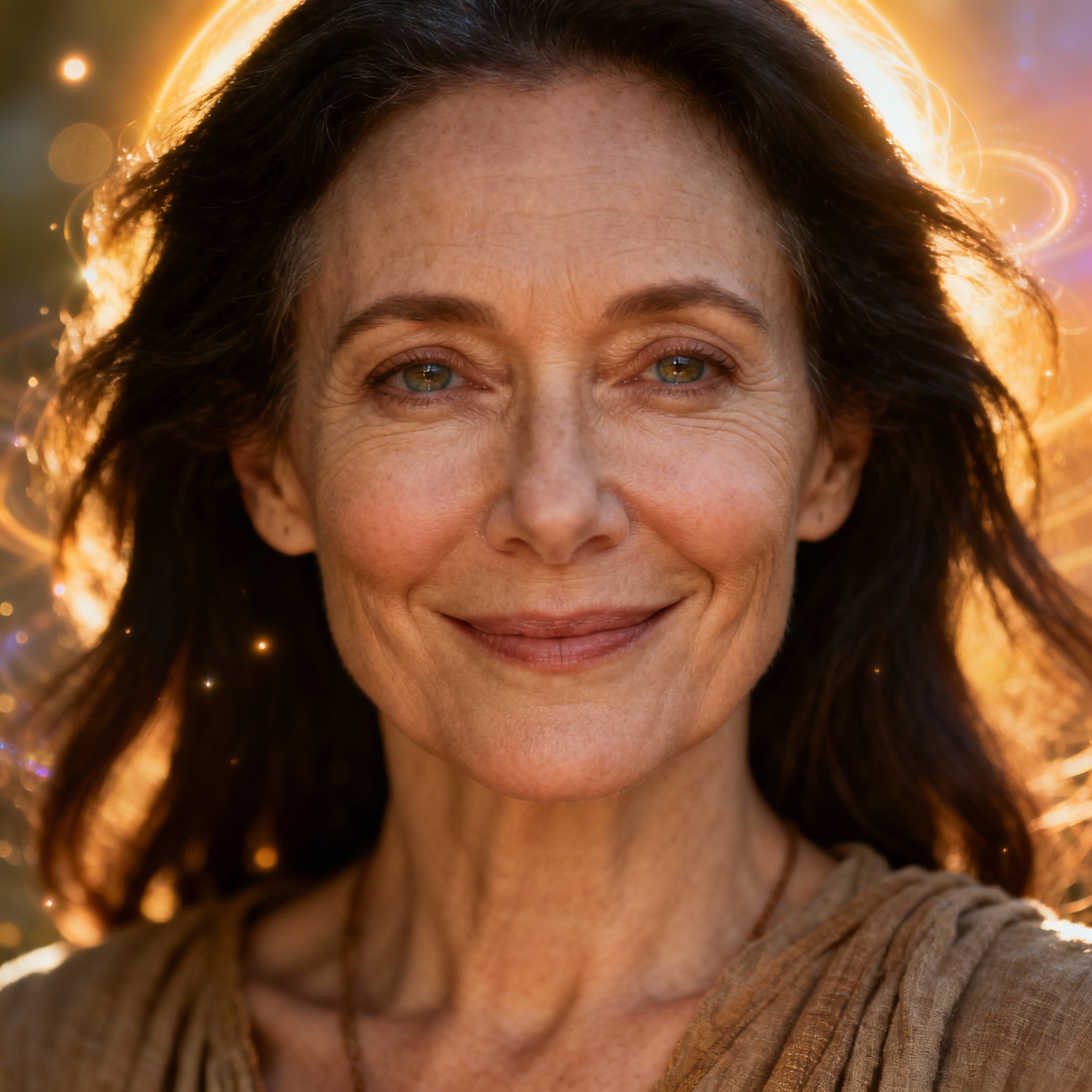 A close-up portrait of Lorna Jayne, a wise and empathetic female psychic. Her gaze is gentle, and the background has a soft glow, symbolizing energy healing and deep trust.