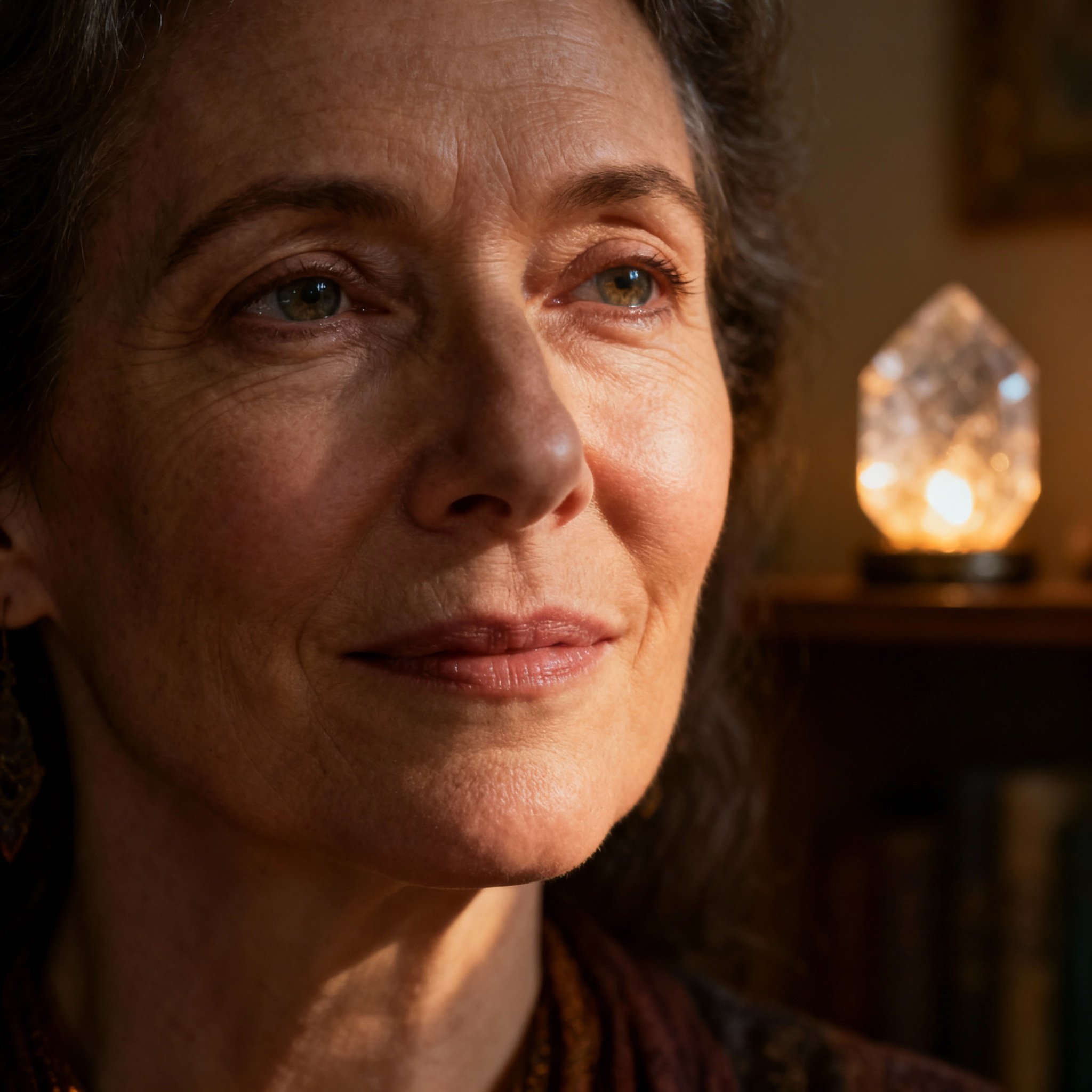 A close-up portrait of a wise and empathetic psychic advisor, whose warm gaze inspires trust against a soft background.