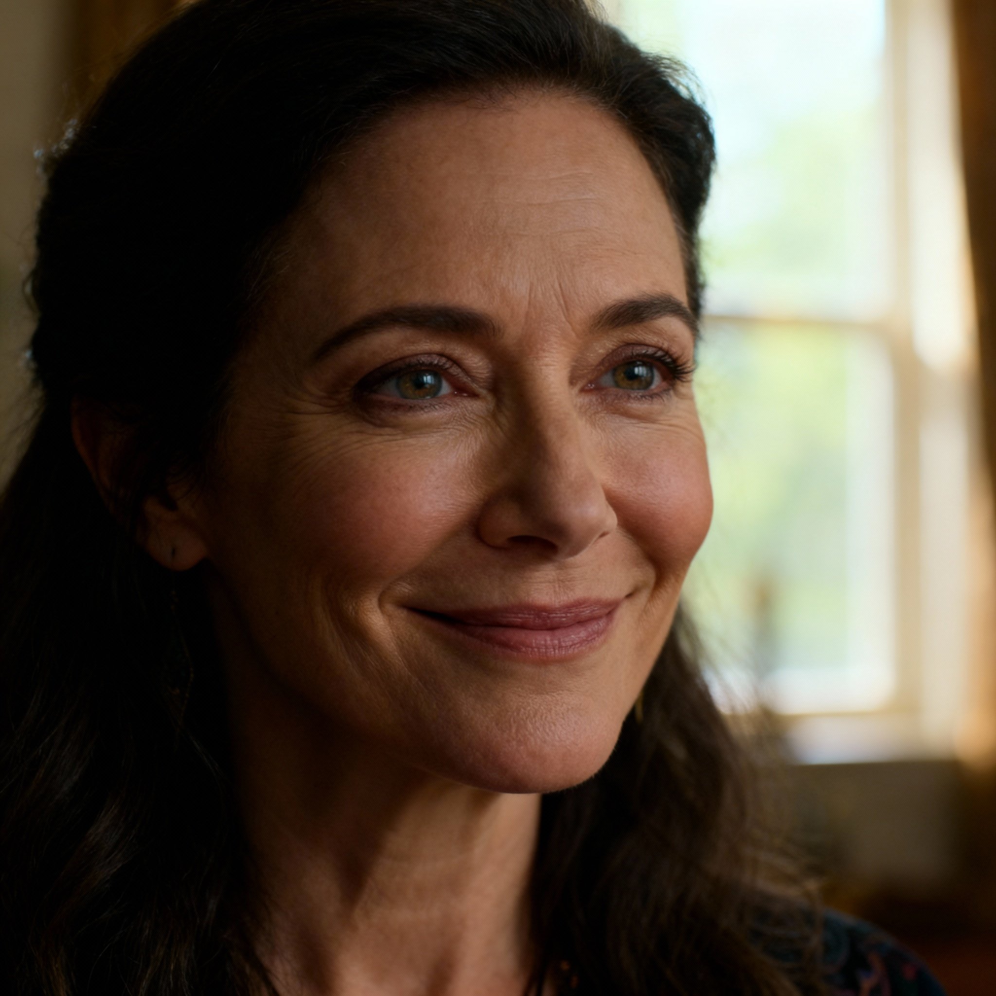 A close-up portrait of a compassionate, smiling middle-aged female psychic, whose warm gaze conveys trust and kindness against a softly lit indoor background.