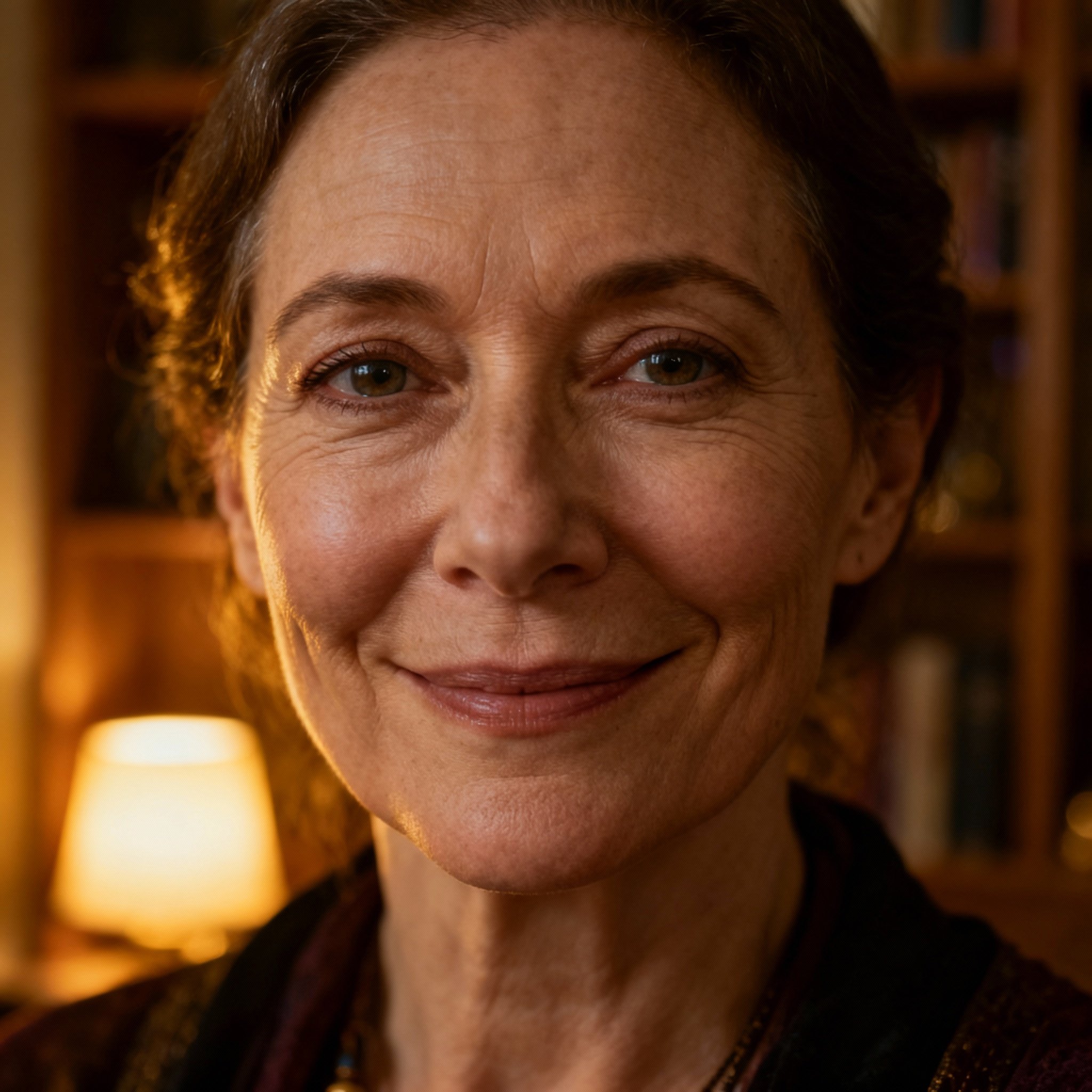 A close-up portrait of Ms Chloe, a female psychic in her 40s. She has warm eyes and a genuine smile, conveying a sense of trustworthiness and compassion, set against a soft, cozy consultation room background.