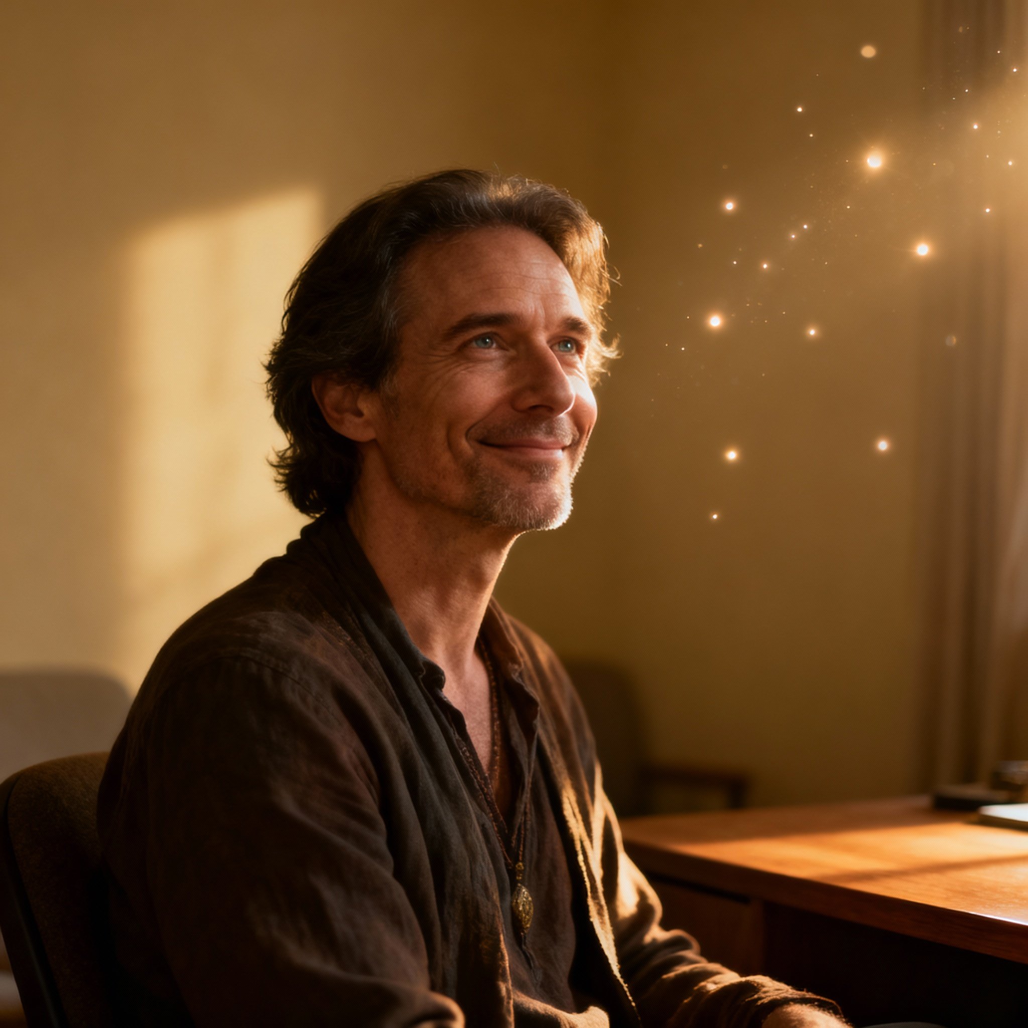 A portrait closeup of psychic Spirit Cody 333, a man in his 40s with a warm, compassionate gaze, set against a backdrop of soft light, creating a serene and trustworthy atmosphere.