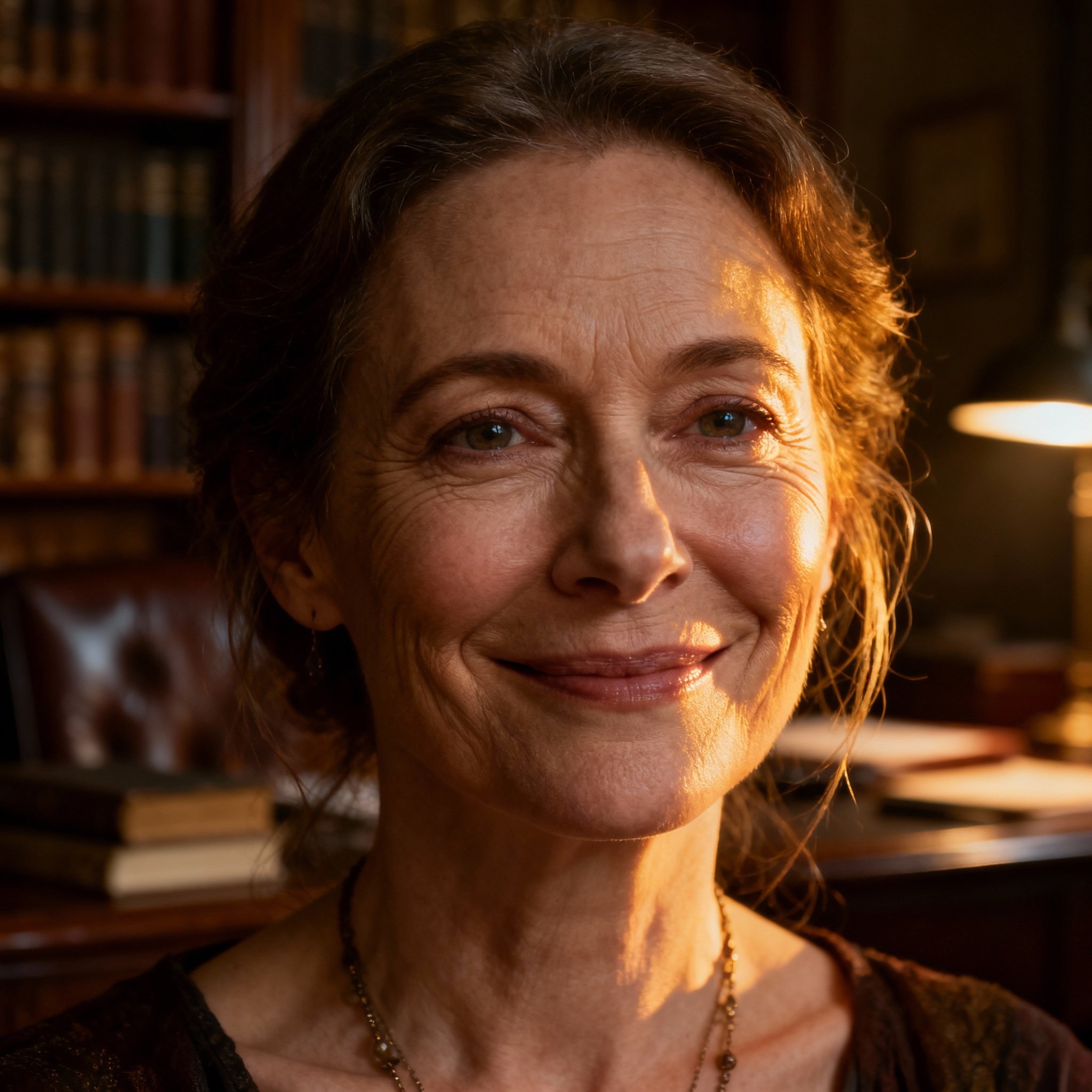 A close-up portrait of a wise and compassionate middle-aged female psychic. She has a warm smile and deep, understanding eyes, with a soft, cozy consultation room in the background, creating a professional and trustworthy feeling.