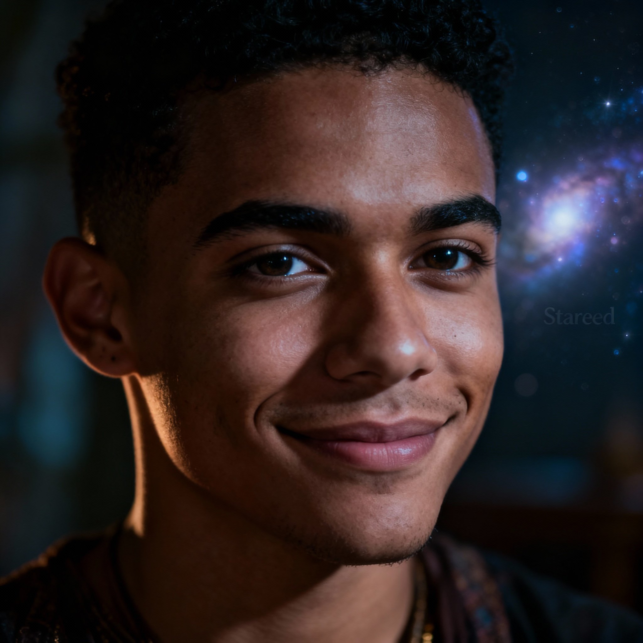 A close-up portrait of a young Cuban male psychic, Mystic Starseed. He has kind, insightful eyes conveying compassion and wisdom, with a soft, starry background that creates a calm and trustworthy atmosphere.