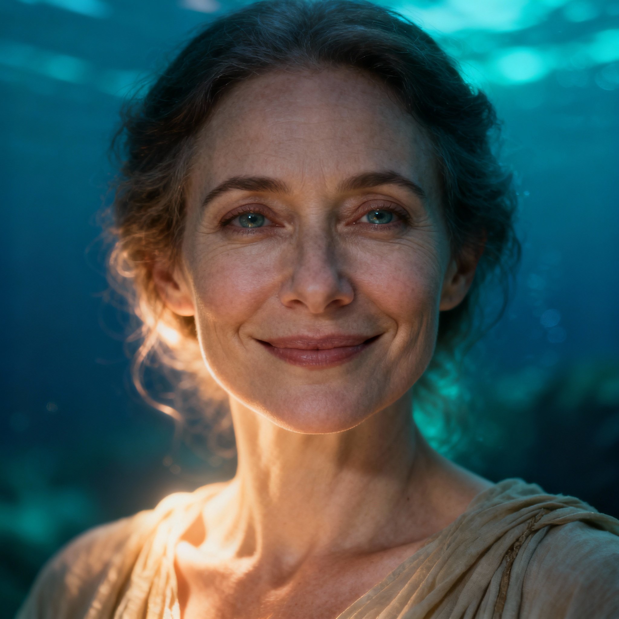 A close-up portrait of a wise and compassionate female psychic, her eyes glinting with insight, against a soft, ocean-toned background creating an atmosphere of serenity and trust.