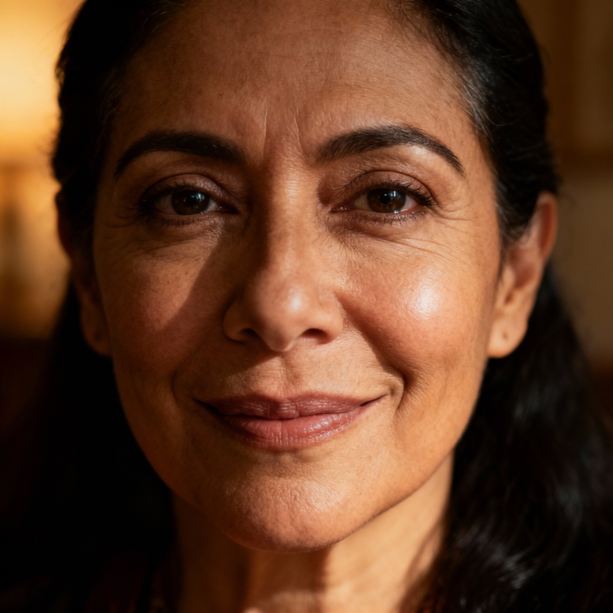 A close-up portrait of a friendly and wise middle-aged female psychic, her gaze is gentle and knowing, with soft light in the background creating a sense of trust and warmth.