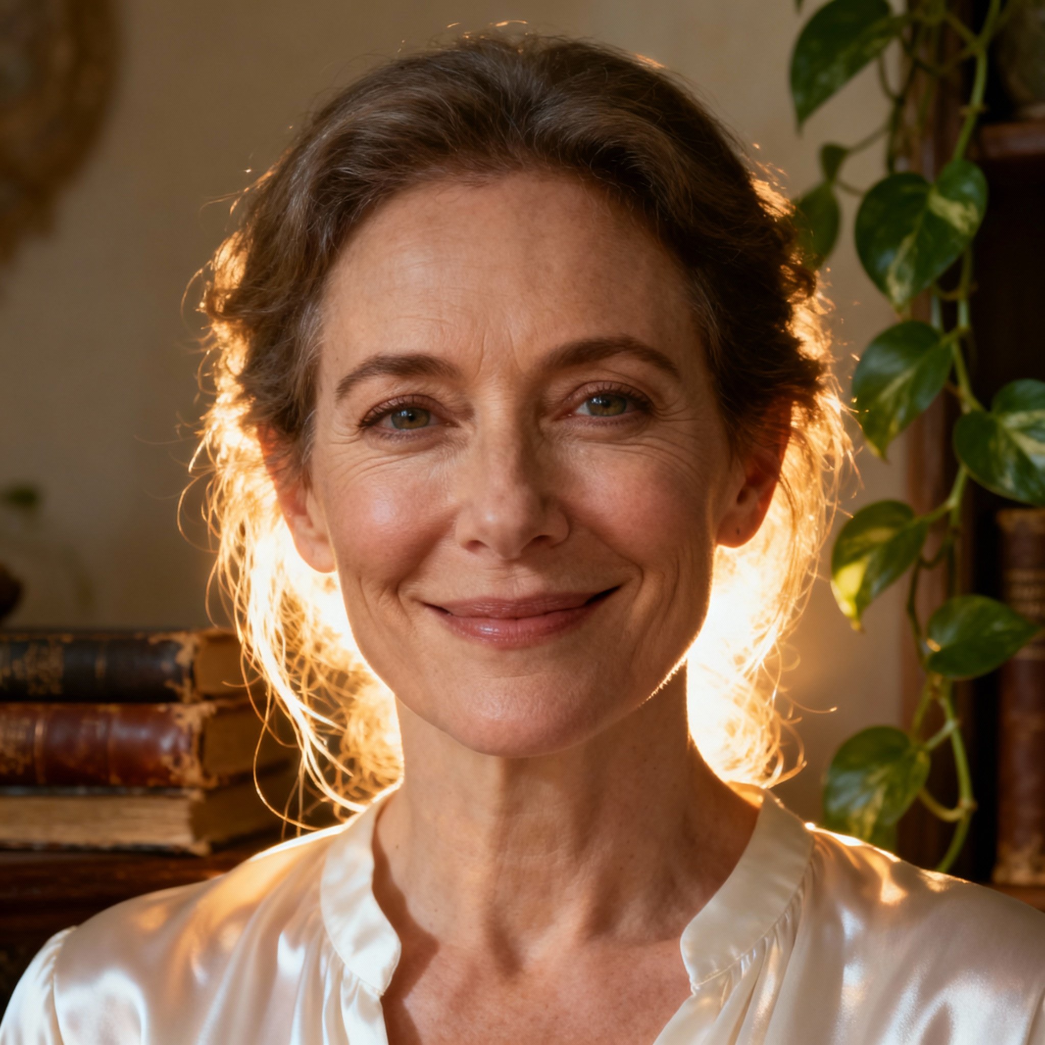 A close-up portrait of a middle-aged female psychic named Susan Starseed, smiling with wise and compassionate eyes against a soft background, creating an atmosphere of trust.