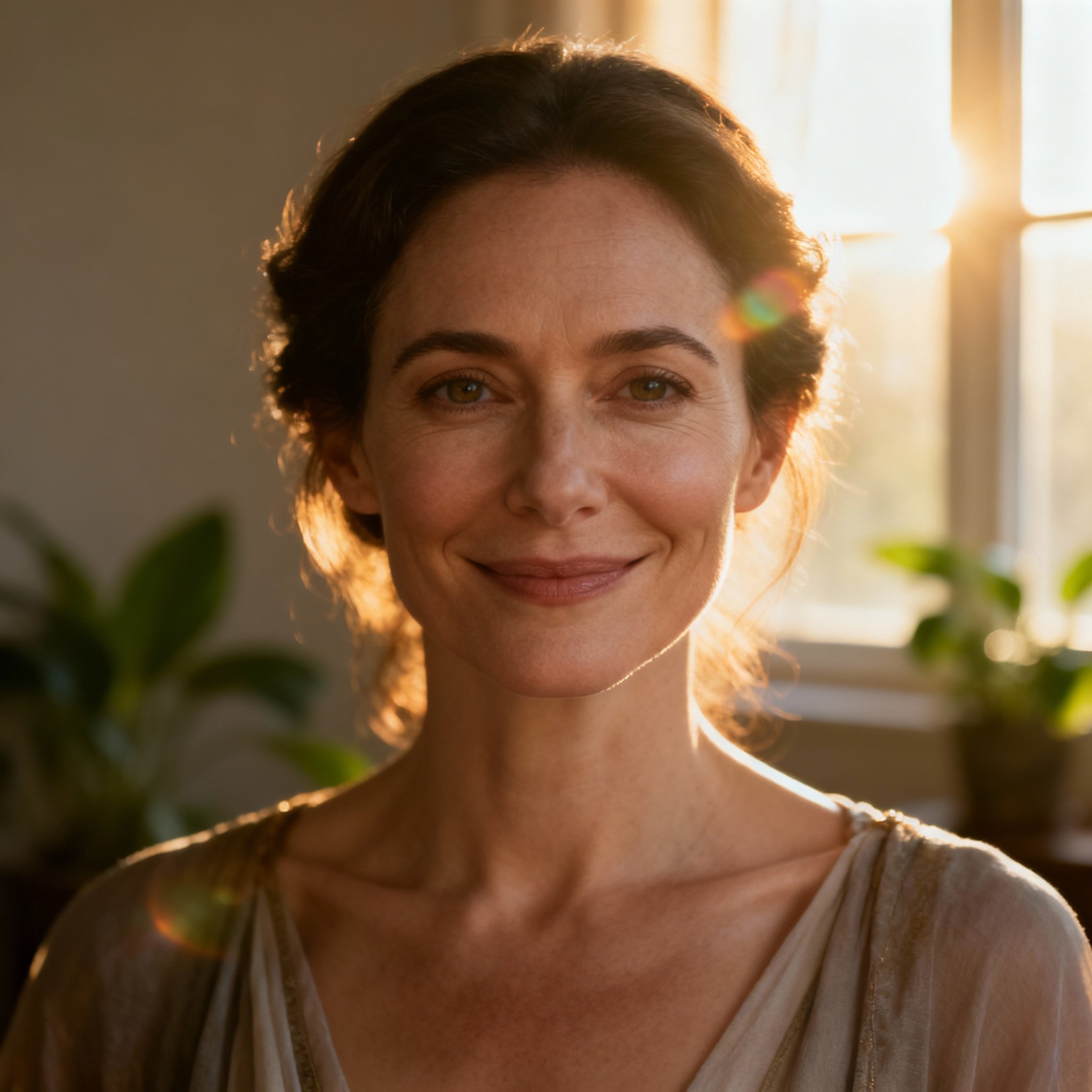 A close-up portrait of a wise and compassionate psychic. She has a warm smile and clear eyes, with soft light in the background, creating an atmosphere of trust and reassurance.