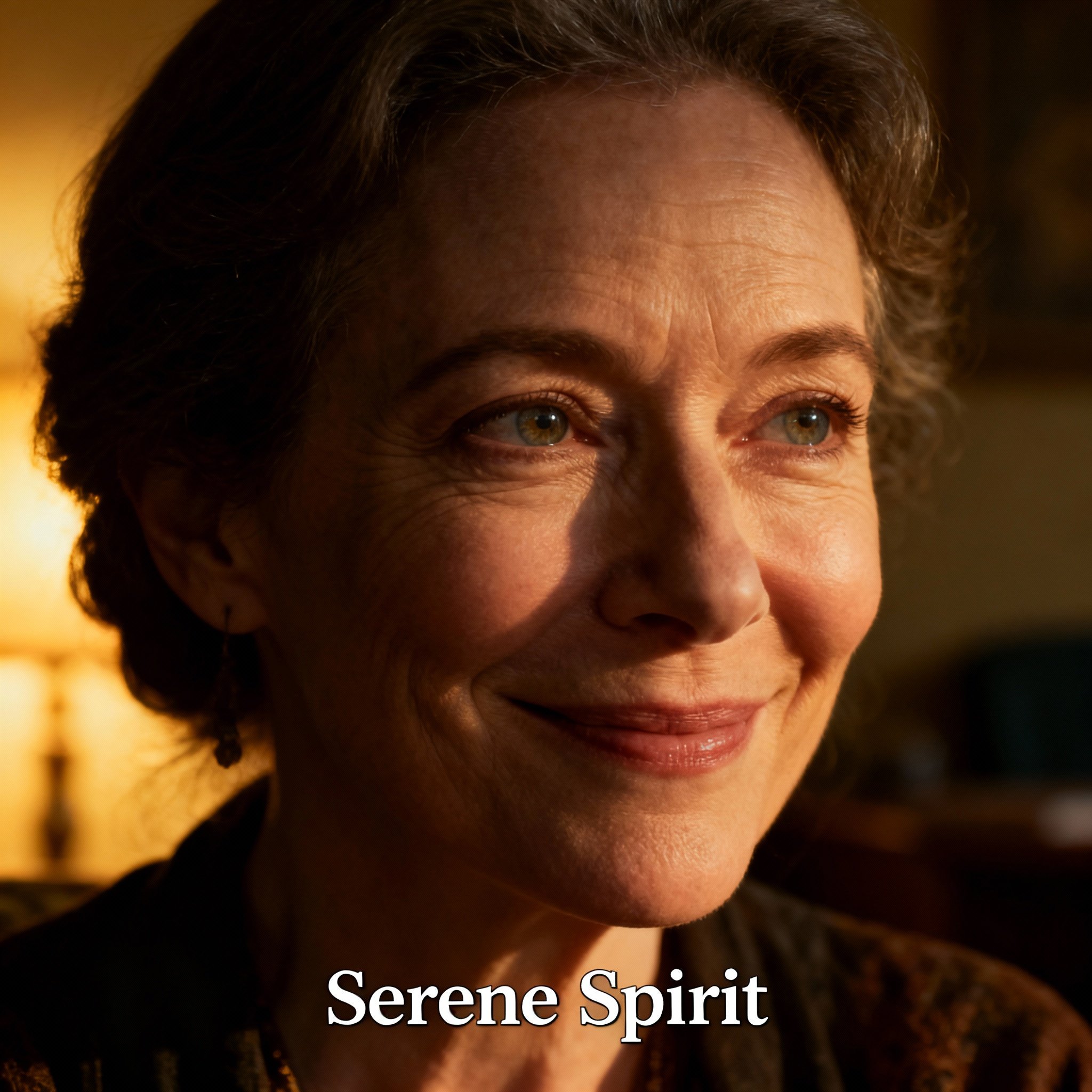 A close-up, shoulders-up portrait of the psychic, Serene Spirit. She is a woman in her 40s with wise, compassionate eyes and a gentle, reassuring smile. Soft side lighting illuminates her features against a blurred, cozy room background with hints of a bookshelf and a plant, creating a serene and professional atmosphere.