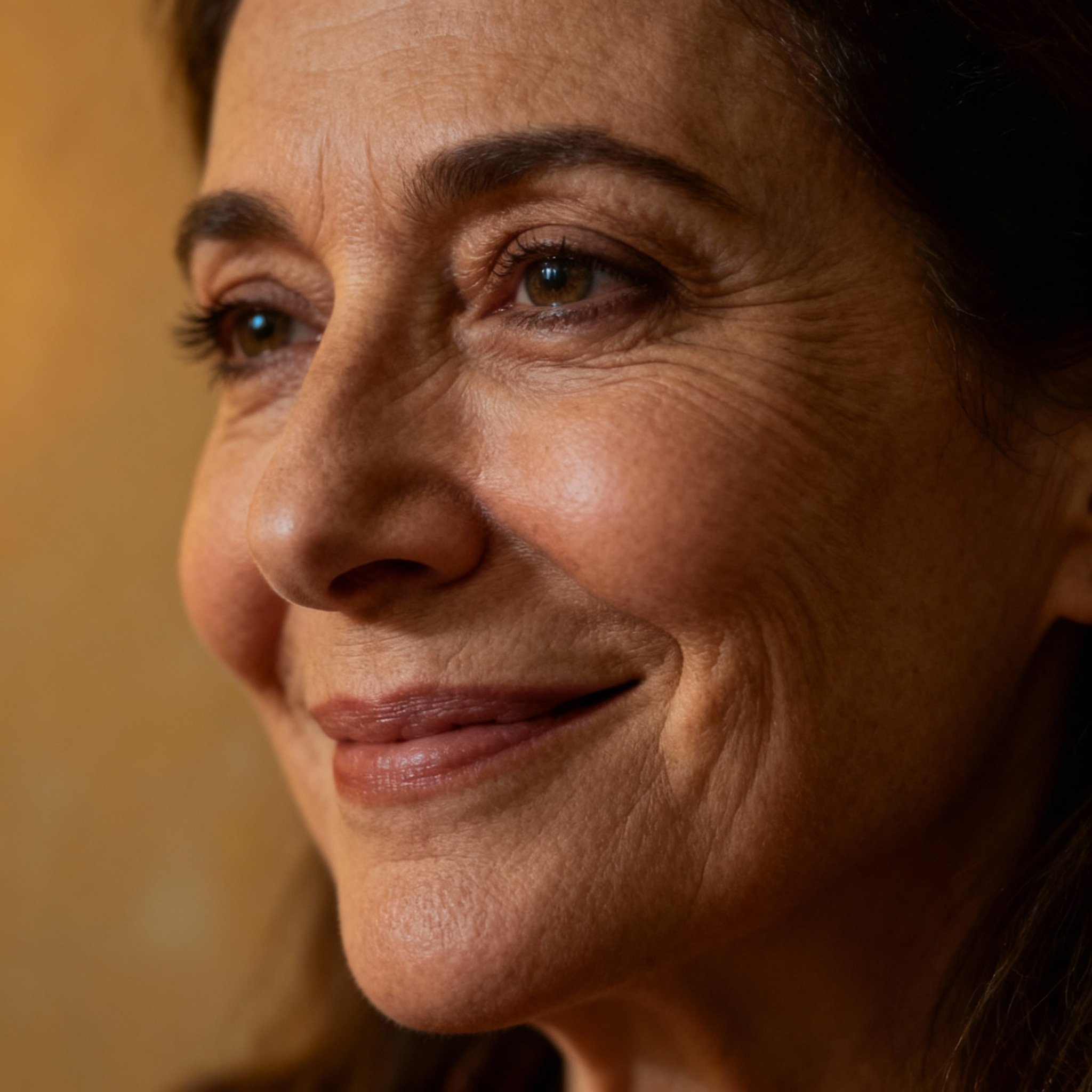 A close-up portrait of a compassionate female psychic with wise eyes. She exudes a sense of warmth and trust, set against a soft background that suggests a safe, consultative space.
