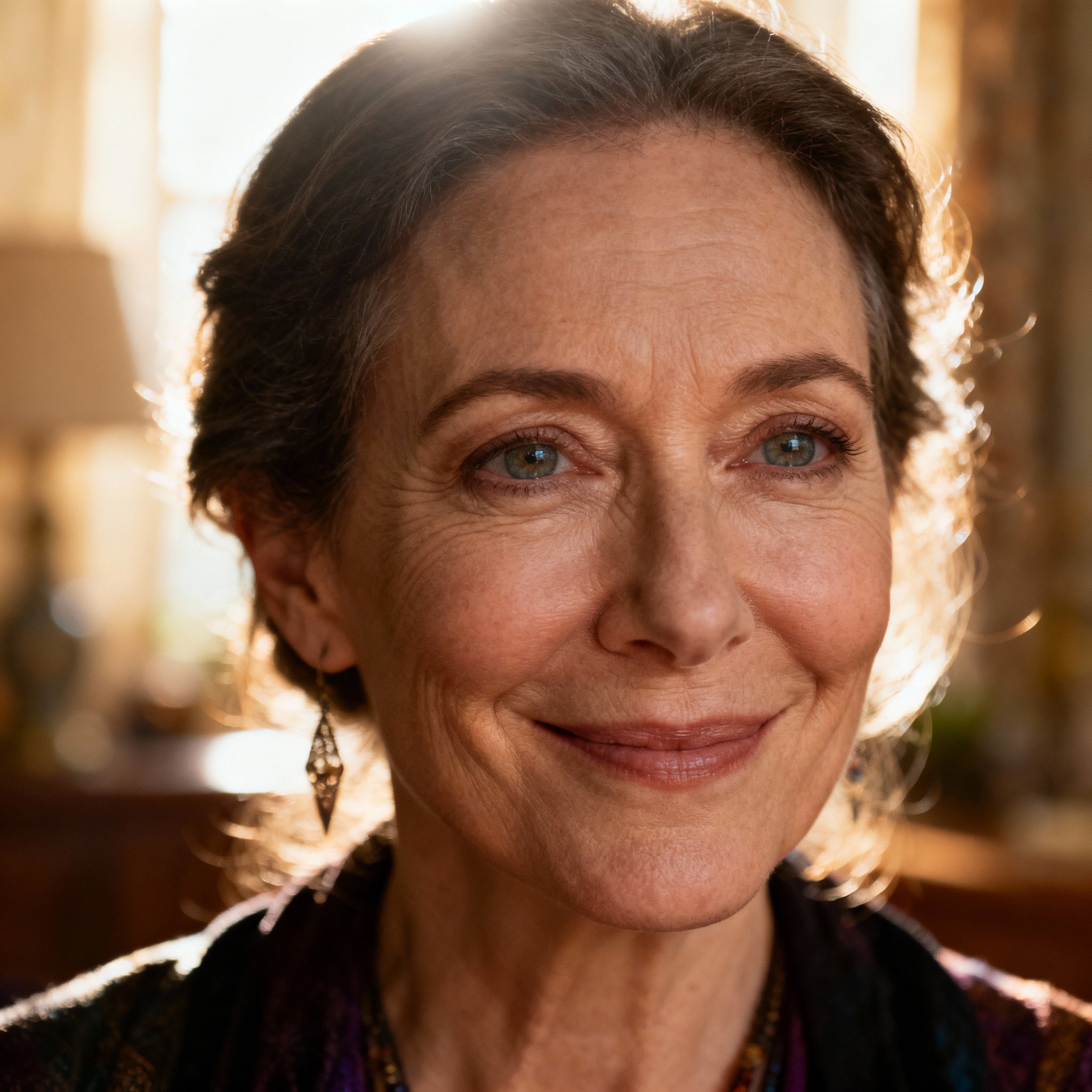 A close-up portrait of a wise and compassionate middle-aged female psychic, whose warm eyes and friendly smile convey a sense of trust, like an older sister.