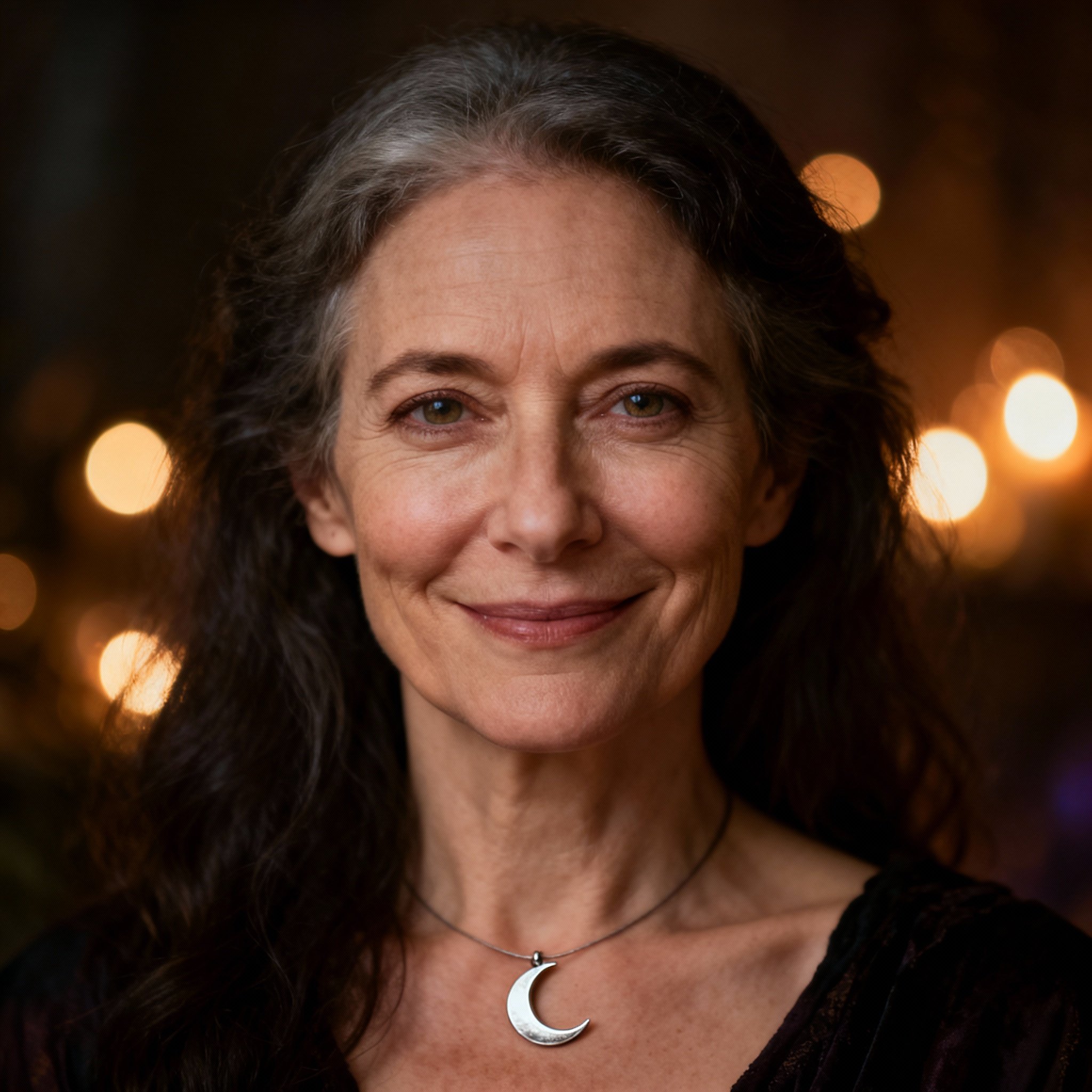 A close-up portrait of the psychic Jordan, a woman in her late 30s with wise, kind eyes and a warm smile, conveying a sense of trustworthiness.