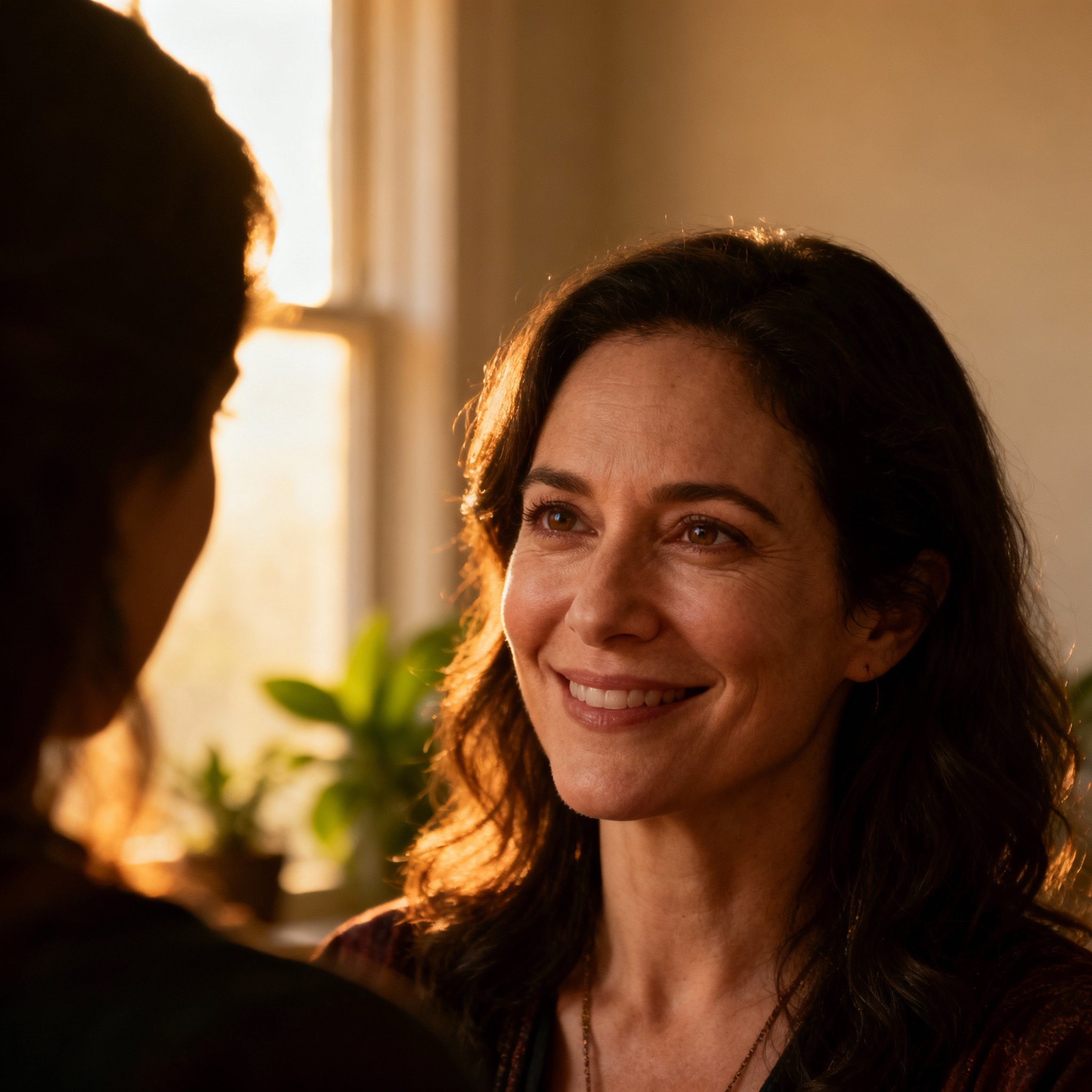 A close-up portrait of a compassionate, modern psychic. She has a warm, genuine smile and understanding eyes. Soft window light illuminates her face, creating an atmosphere of safety and trust.