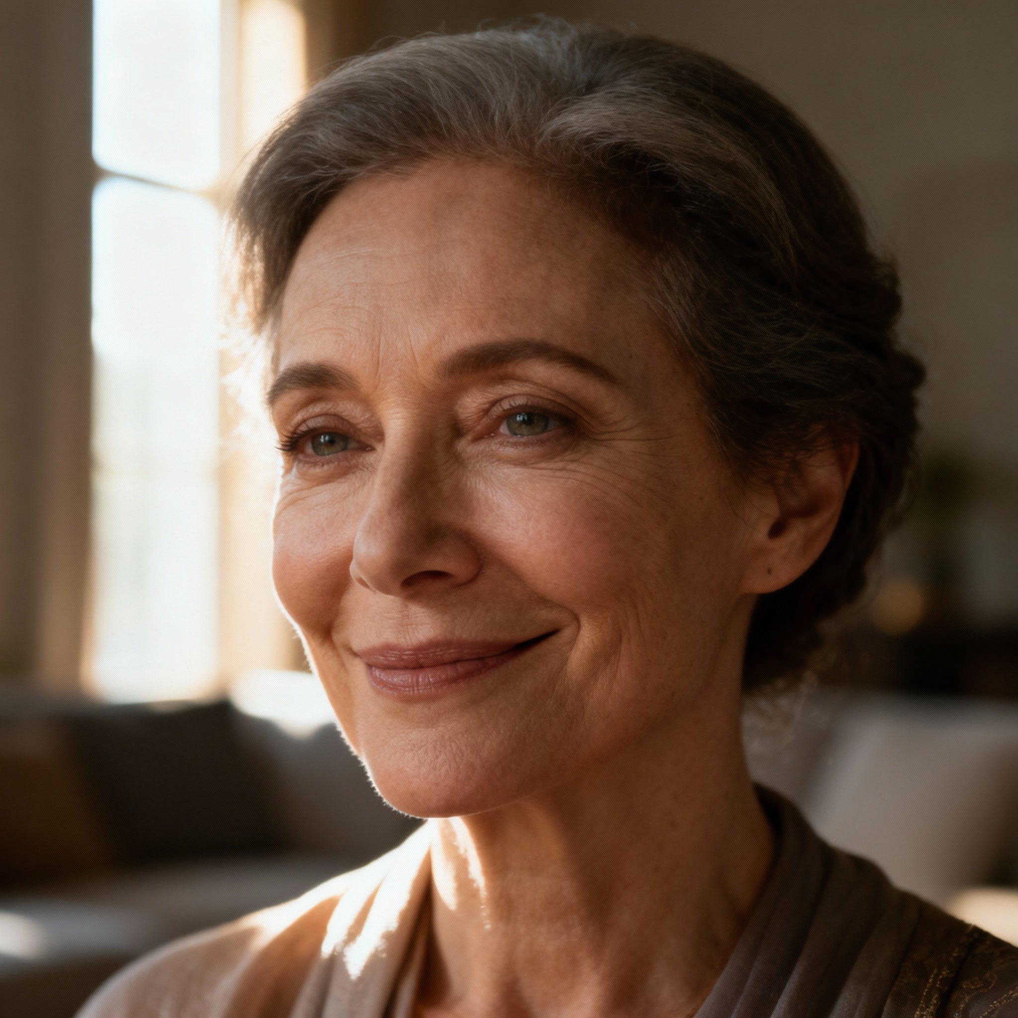 A close-up portrait of a wise and compassionate middle-aged female psychic, whose warm gaze and calm smile convey a sense of trust.