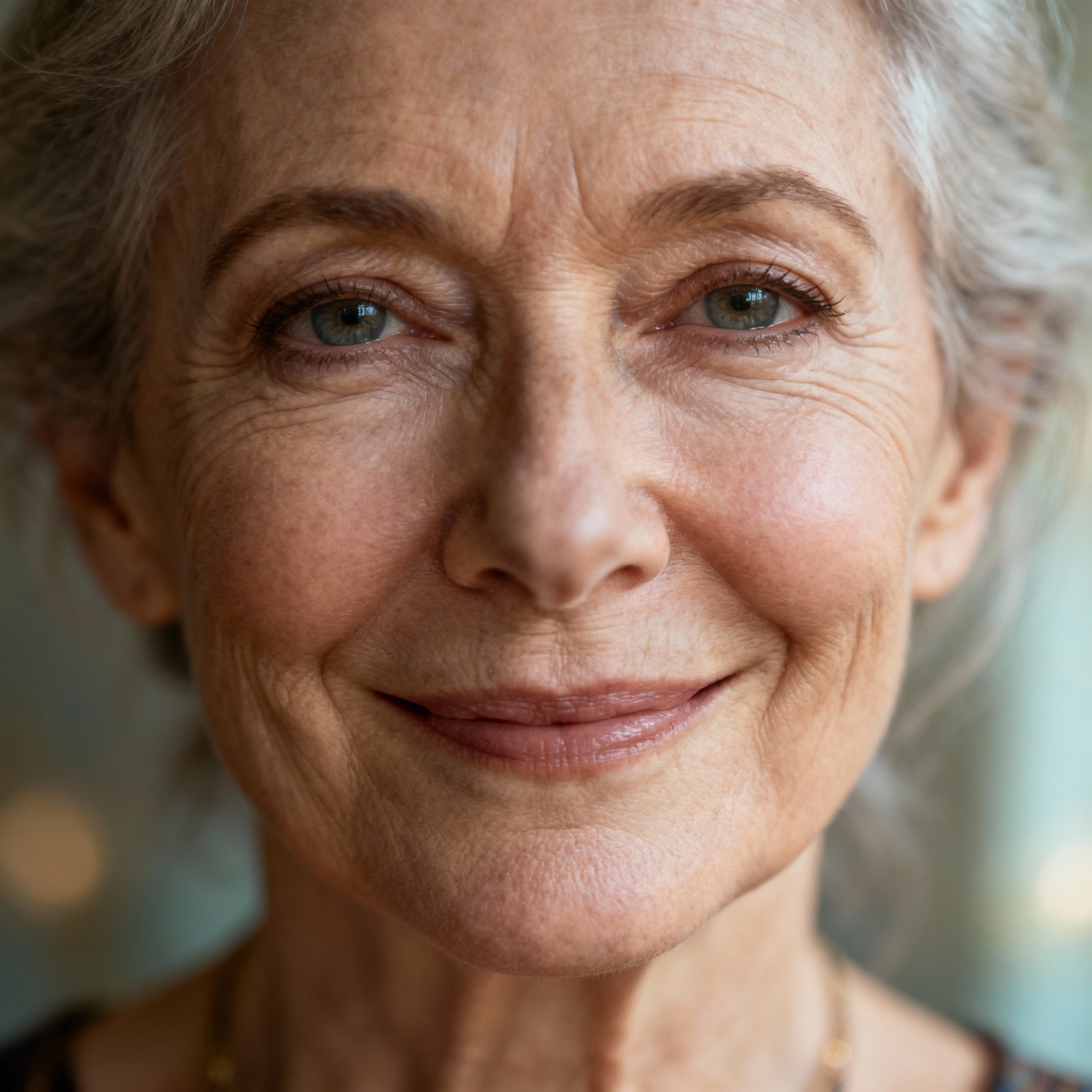A close-up portrait of Psychic Susan, featuring a warm, wise smile and compassionate eyes, creating a sense of comfort and trust.
