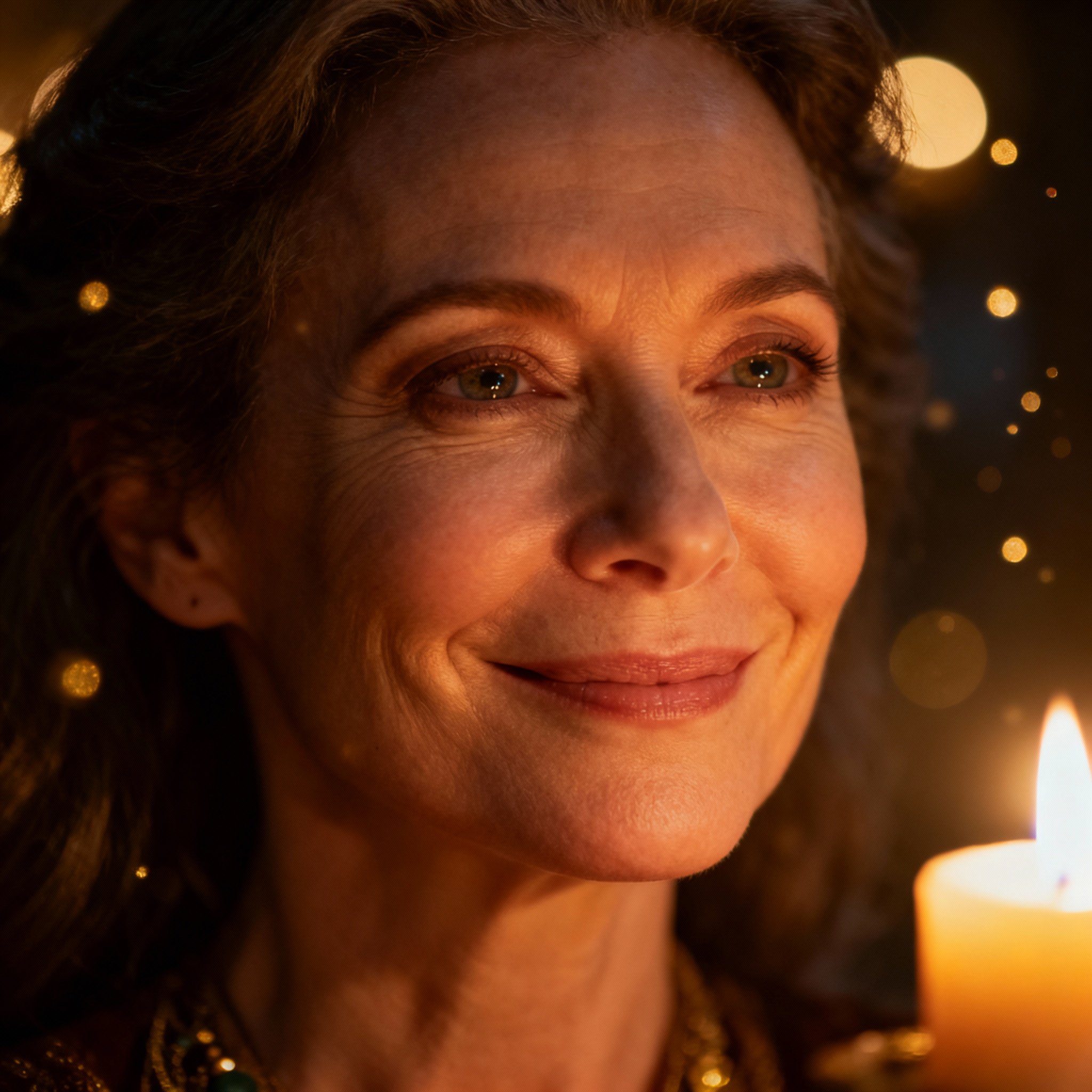 A close-up portrait of Psychic Lana, a woman in her 40s with wise and compassionate eyes. The background is soft and warm, creating an atmosphere of trust and peace.
