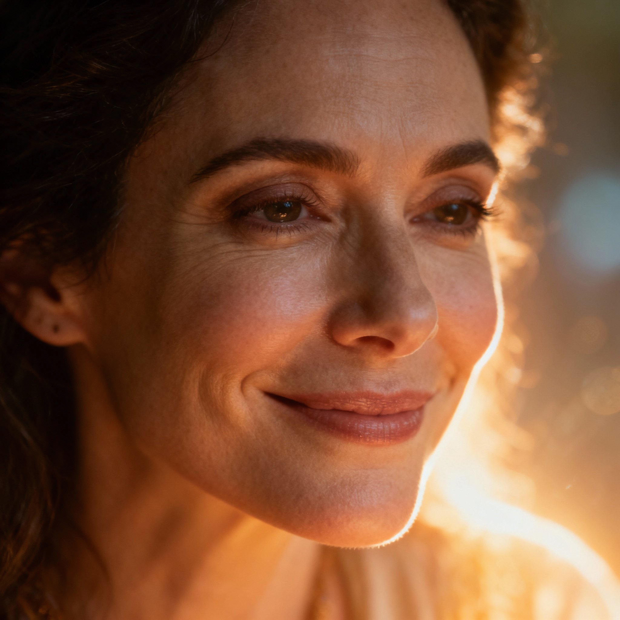 A close-up portrait of psychic Scarlett Rose, featuring warm and knowing eyes with a gentle, serene smile. The background is filled with soft, ethereal light, conveying trust and deep understanding.