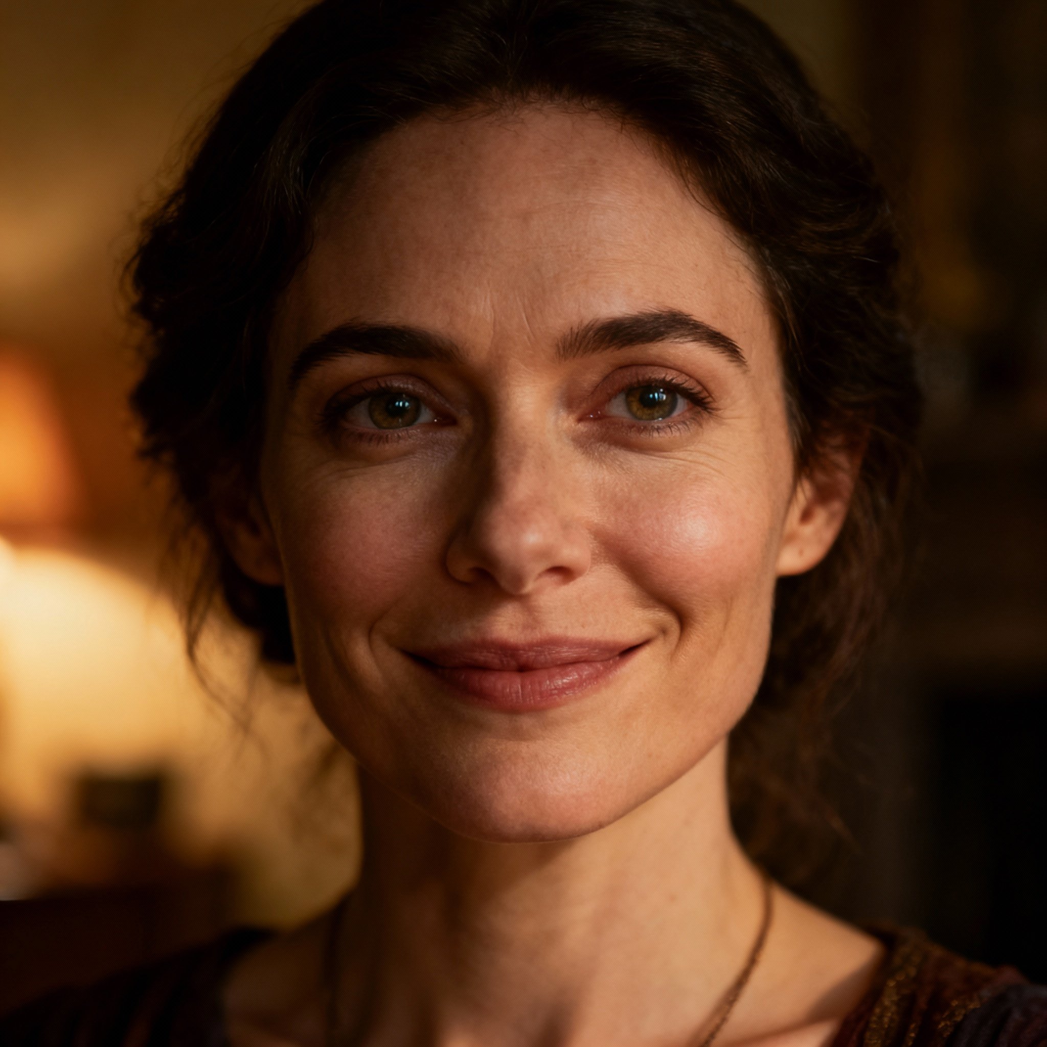 A close-up portrait of Psychic Emily, featuring a gentle smile and deep, compassionate eyes, set against a soft background to build trust.