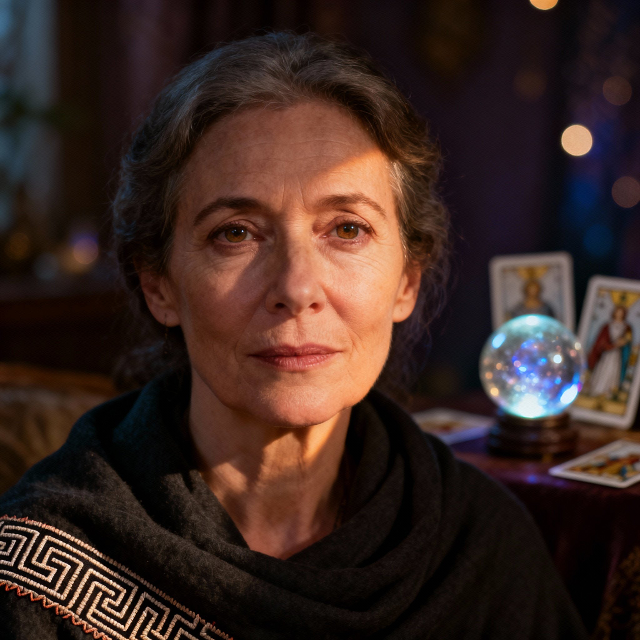 A close-up portrait of a wise and compassionate middle-aged female psychic. Her gaze is warm, with a background of blurred tarot cards and a crystal ball, creating a professional and trustworthy atmosphere.