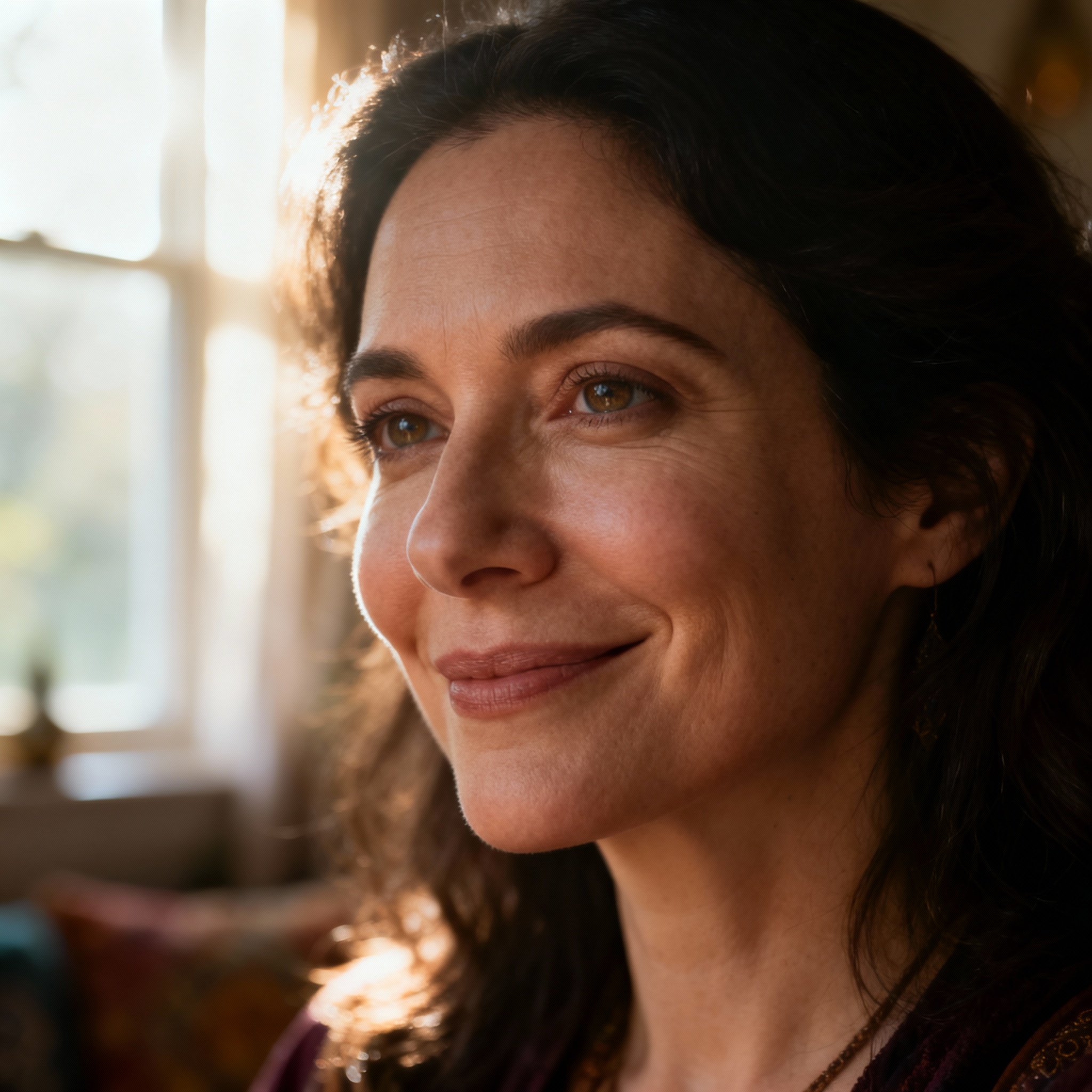 A close-up portrait of Psychic Danie, smiling with wise and compassionate eyes, creating a trustworthy atmosphere like a mother and a friend.