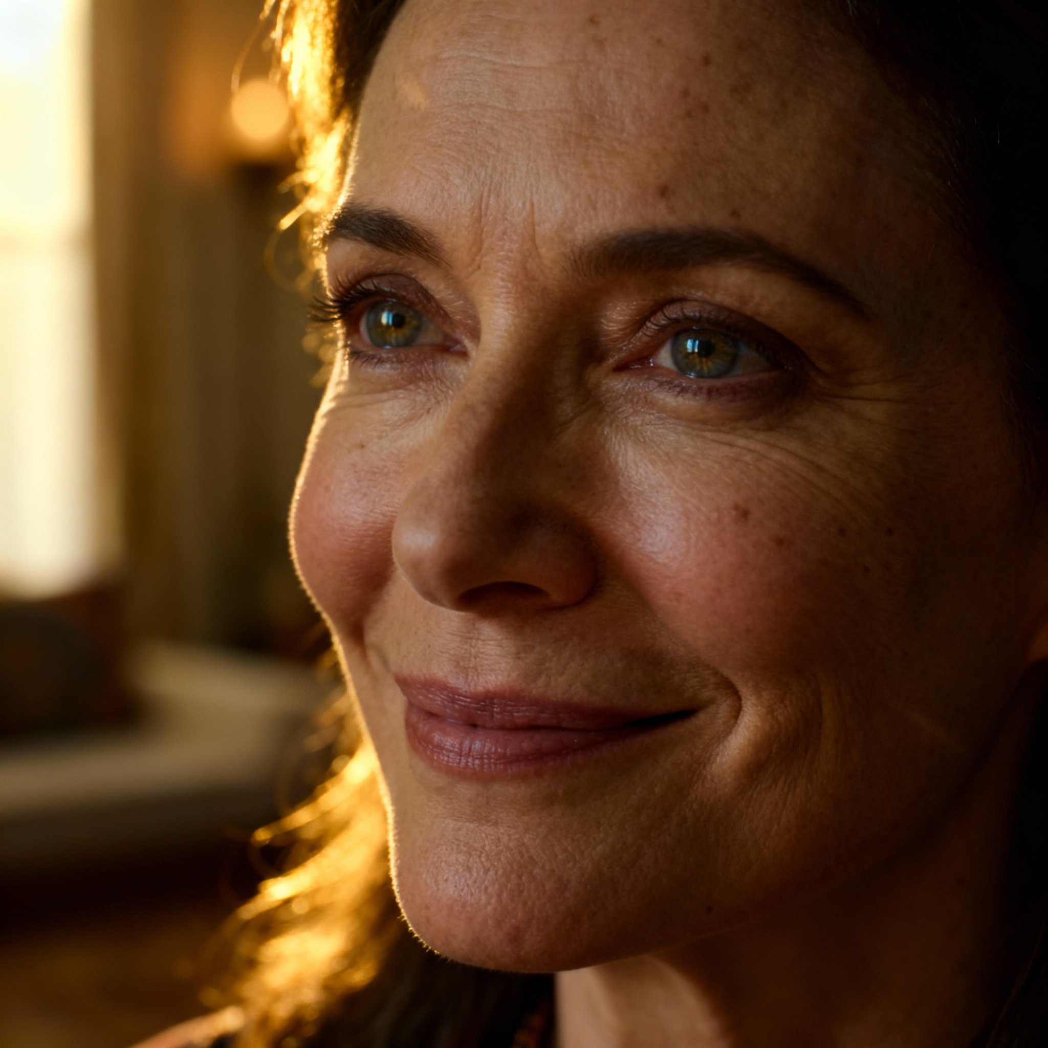 A close-up portrait of the psychic Satine Star, featuring a warm, wise smile. The background is soft, ambient light in a cozy consultation room, creating an atmosphere of trust and empathy.