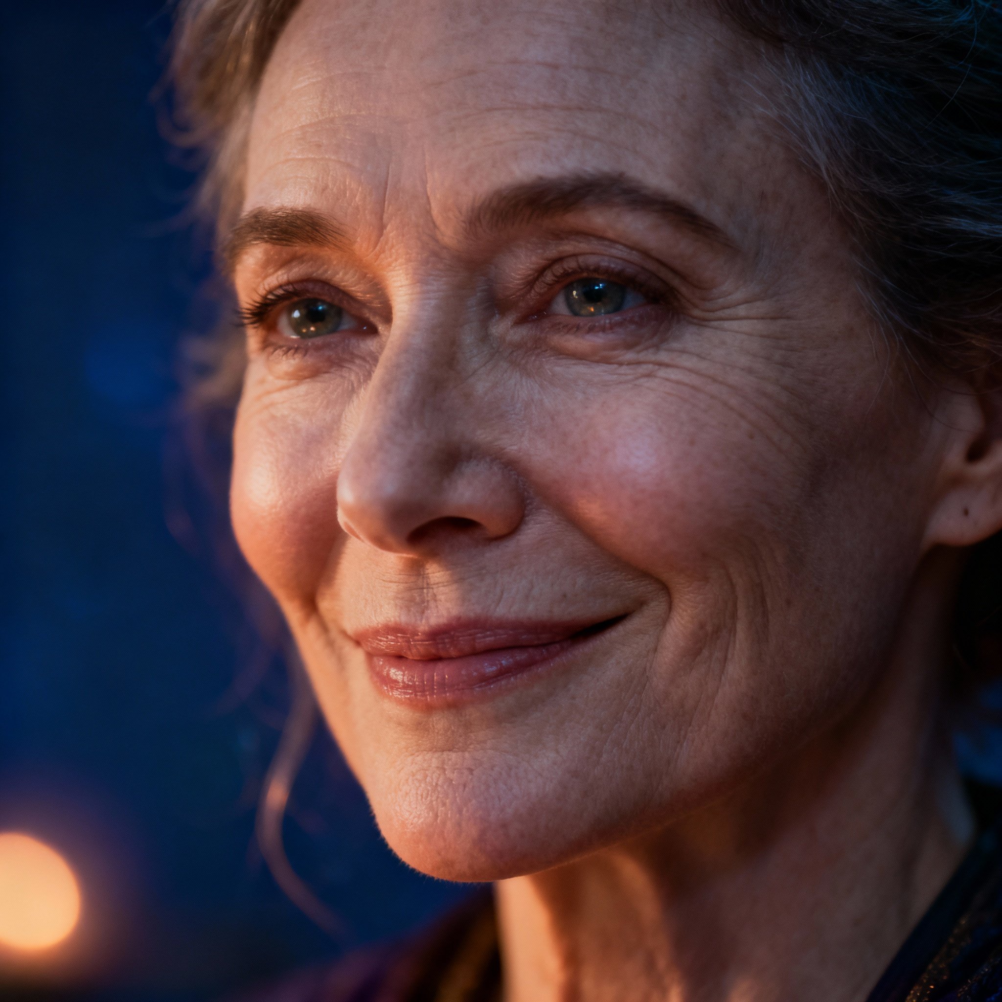 A close-up portrait of a female psychic named UMA. She has a kind and wise gaze, with a soft, glowing background that creates an atmosphere of trustworthiness and insight.