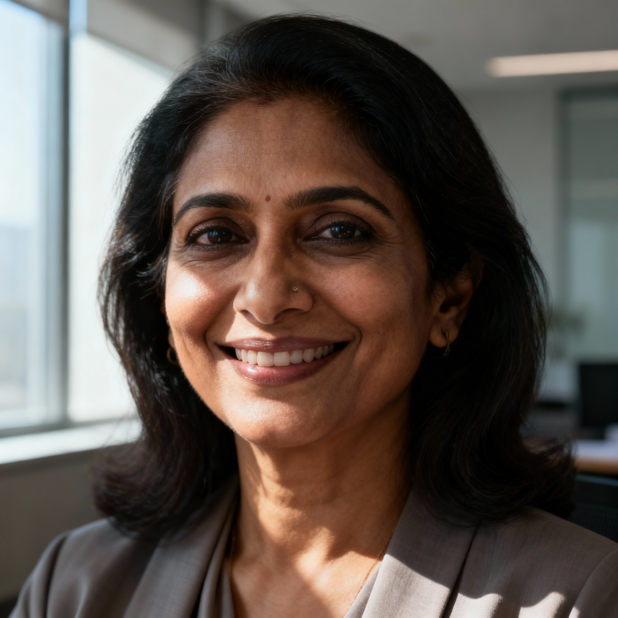A close-up portrait of a wise and compassionate South Asian female psychic advisor, Amrit, with a warm smile and understanding eyes against a soft background, creating a sense of trust.