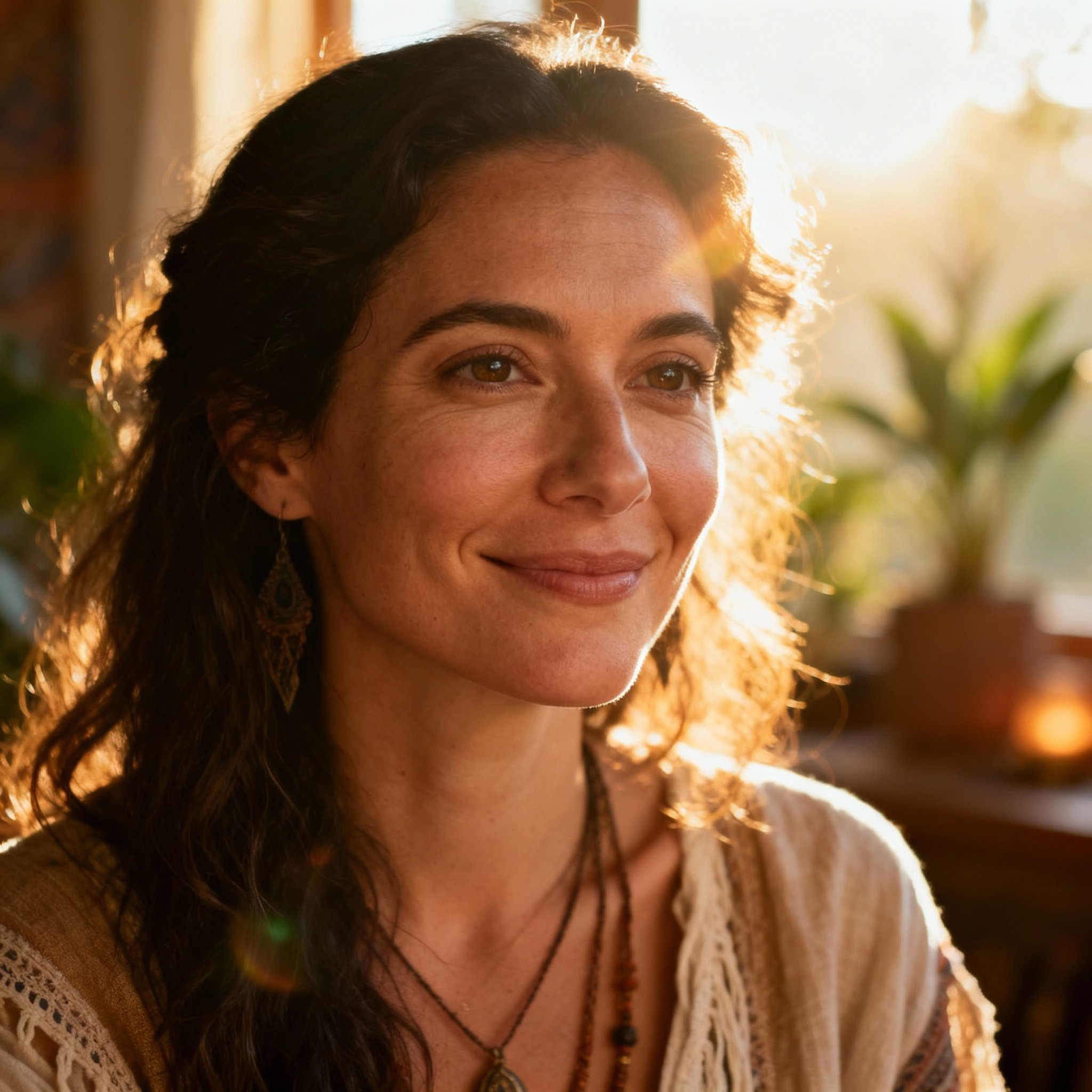 A close-up portrait of a compassionate and wise female psychic with a warm smile, against a soft, inviting background, evoking a sense of trust and serenity.