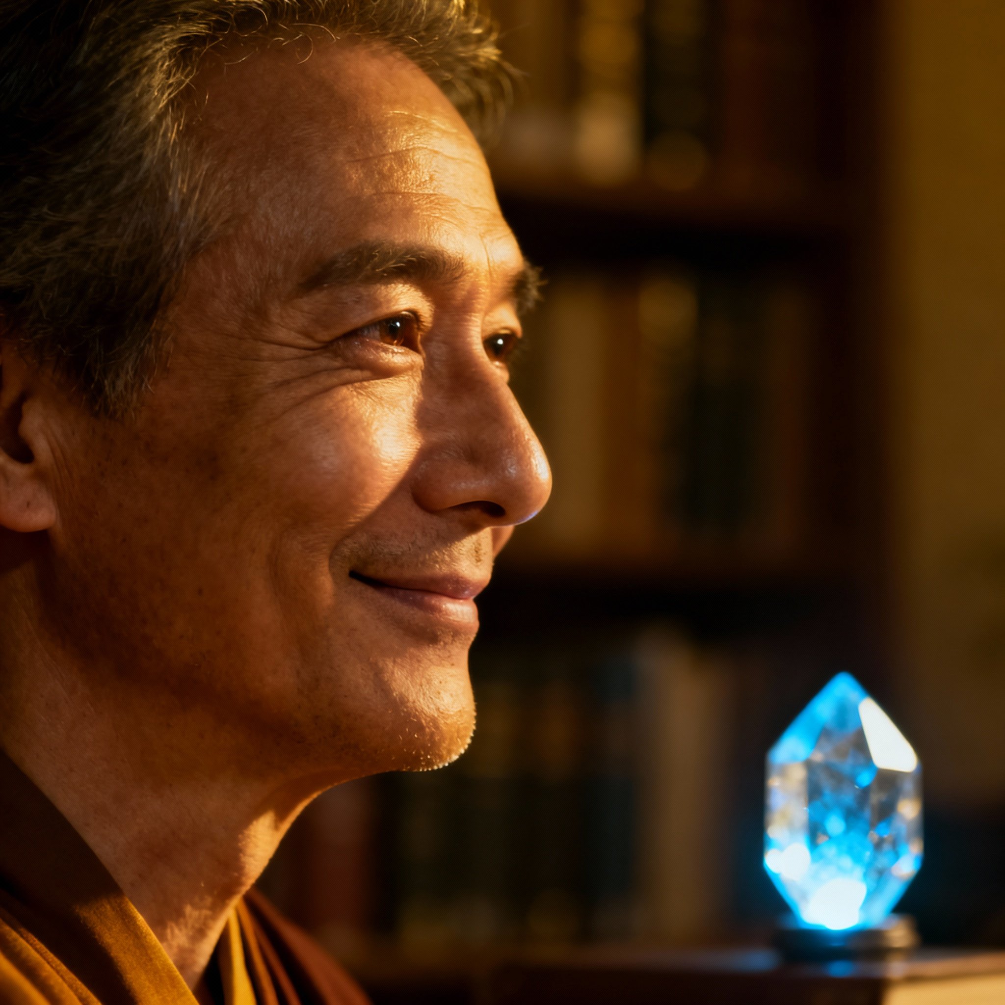 A close-up portrait of a wise, middle-aged male psychic named George, with kind eyes and soft background lighting, evoking a sense of trust and spiritual depth.