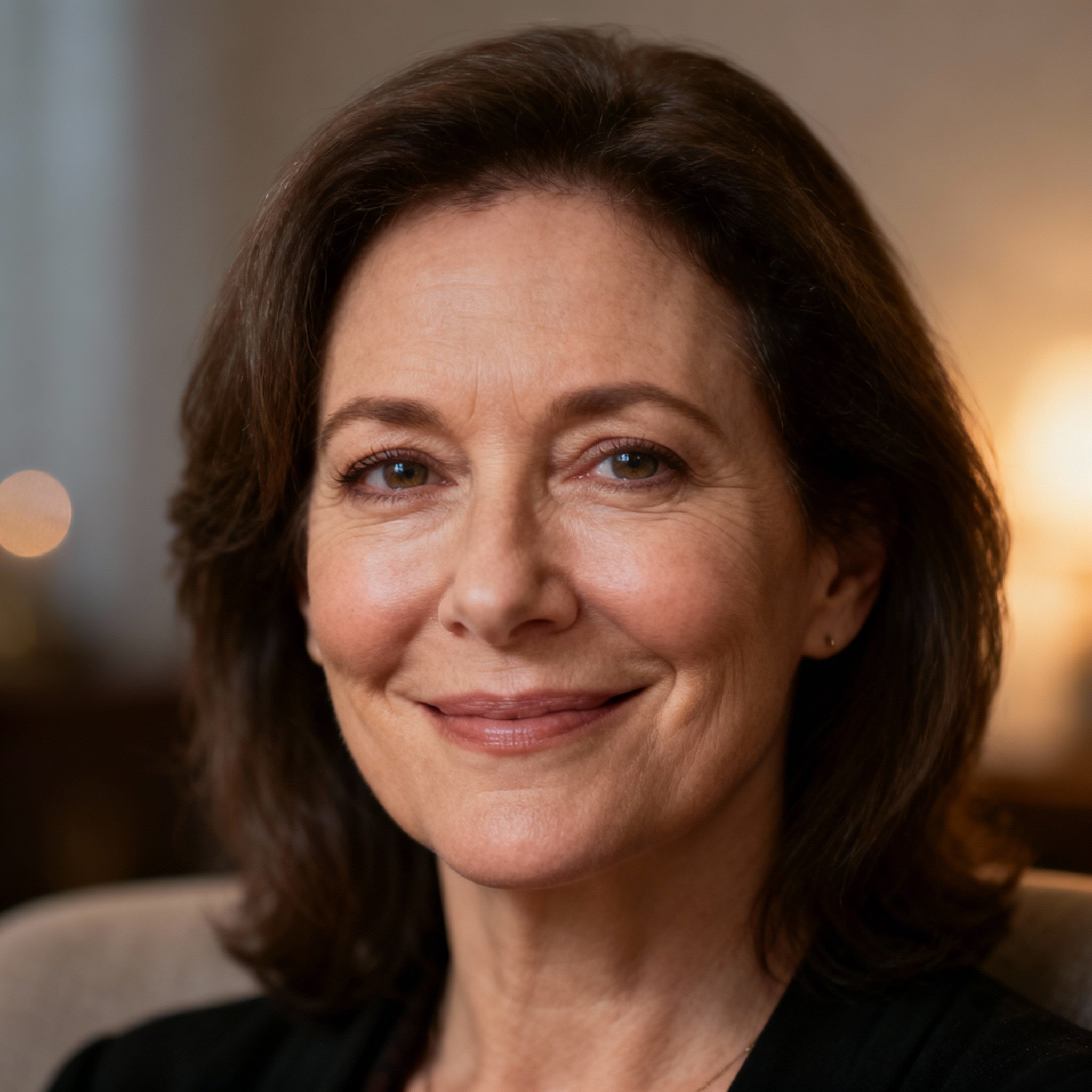 A close-up portrait of a female psychic in her late 40s. She has a gentle, wise smile and empathetic eyes, set against a soft, blurred background that evokes a feeling of trust and reassurance.