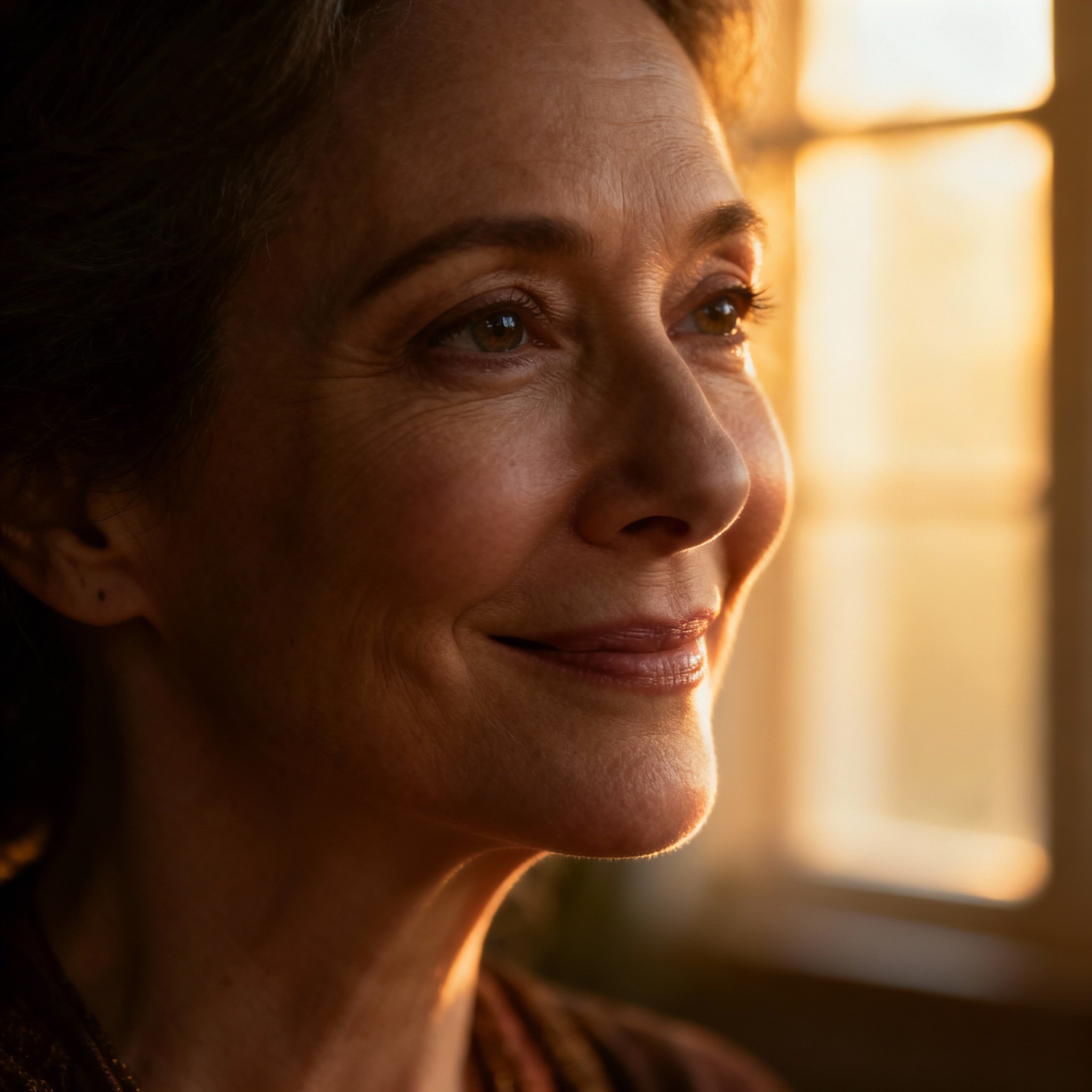 A close-up portrait of Psychic Elaine, a mature and graceful woman with wise and compassionate eyes. Warm, soft lighting illuminates her face against a blurred background, creating a trustworthy and serene atmosphere.