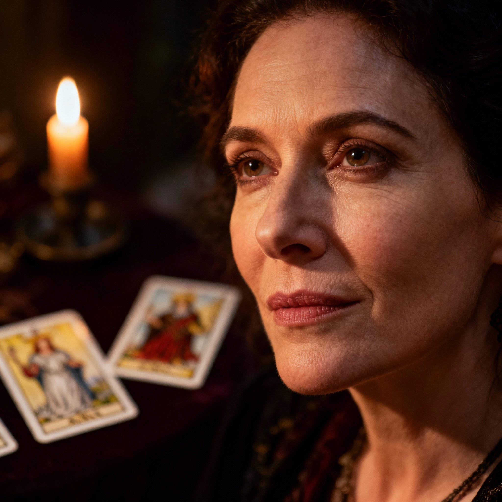 A close-up portrait of a female psychic advisor named Salem, her expression is thoughtful and empathetic, with a background of soft candlelight and blurred tarot cards, creating a trustworthy atmosphere.
