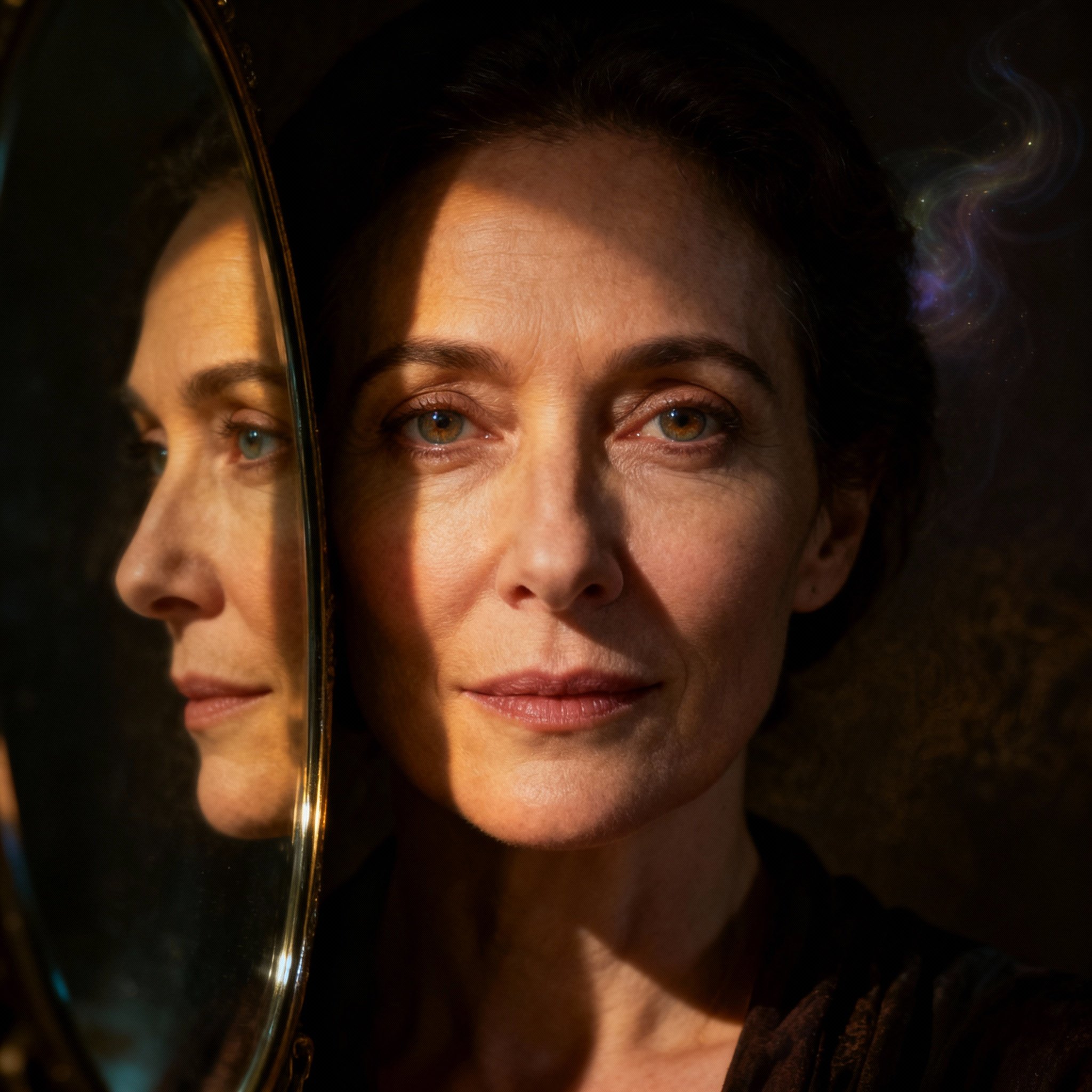 A close-up portrait of a wise and compassionate female psychic. She has clear, direct eyes, and the background features soft lighting, creating an atmosphere of safety and trust.