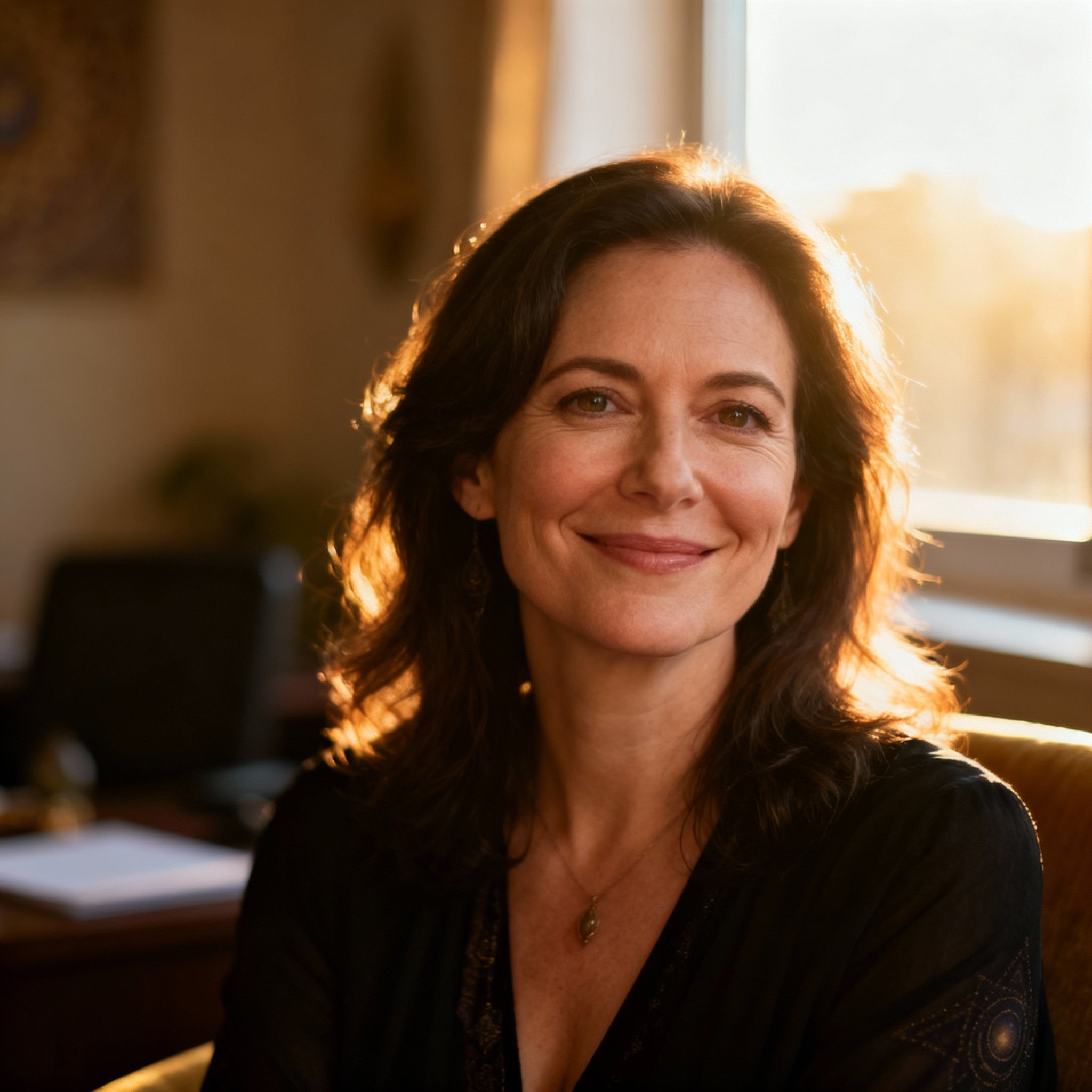 A professional close-up portrait of a female psychic named Alise. She has a warm, empathetic smile and wise, friendly eyes, set against a soft, comfortable consultation room, creating an atmosphere of reassurance and trust.