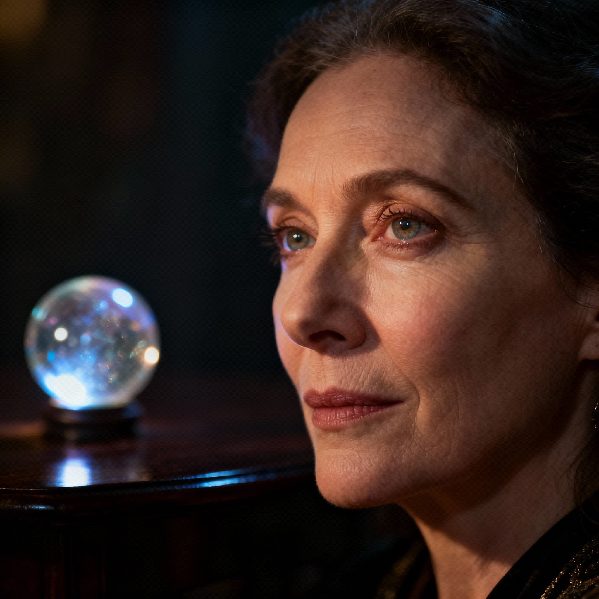 A close-up portrait of a mature female psychic named Persephone. Her eyes are deep and compassionate, with a knowing smile on her face. Soft light illuminates her face from the side, emphasizing a sense of trust. In the background, an ancient crystal ball glows faintly on a table, adding to the mystical atmosphere.