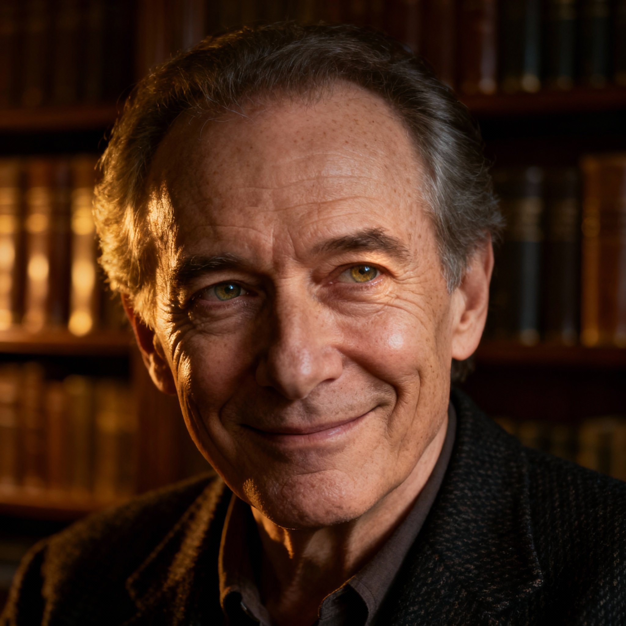 A close-up portrait of a wise and compassionate male psychic counselor in his late 50s. He is sitting in a softly lit study with bookshelves in the background, his gaze is sharp yet kind, creating a sense of trust and professionalism.