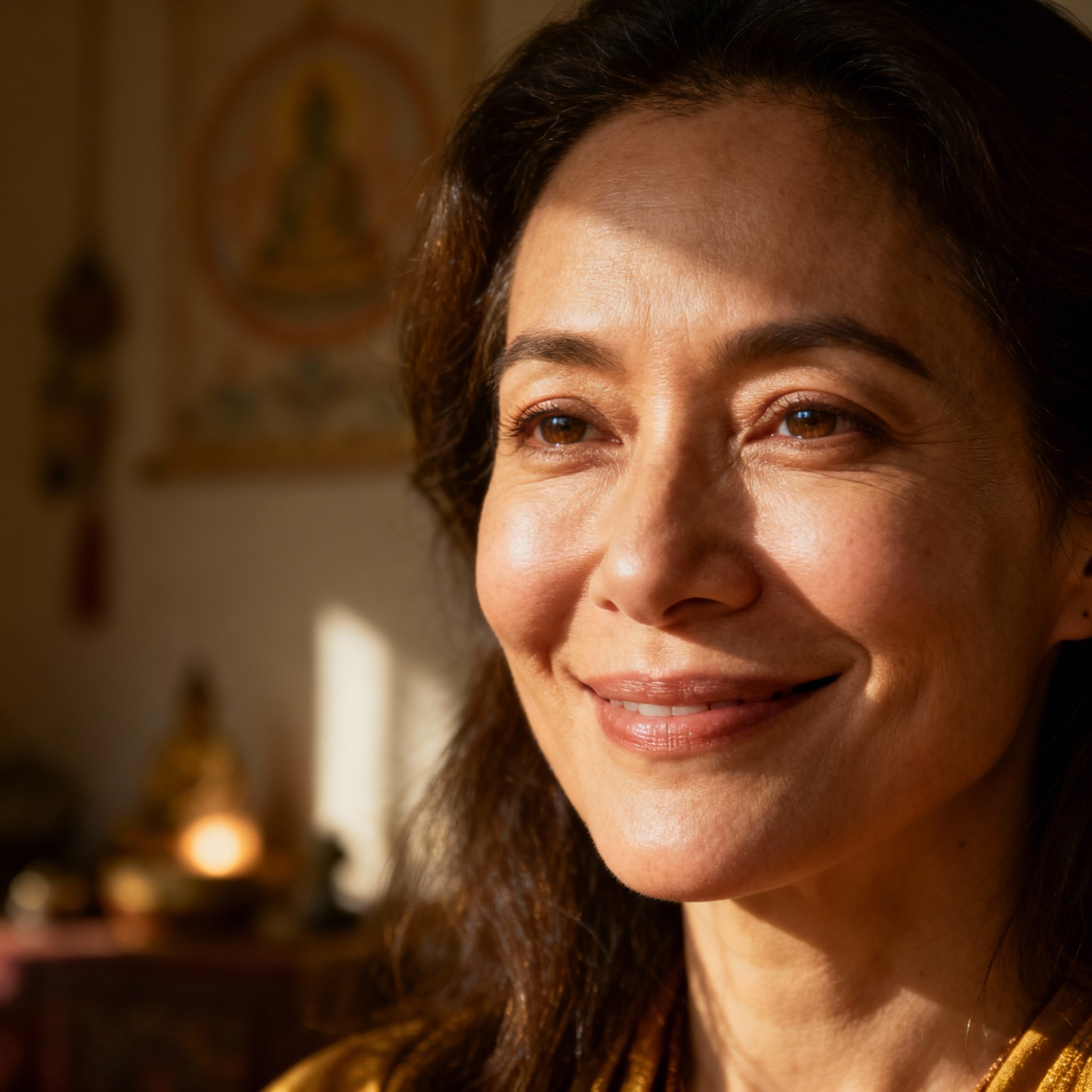 A close-up portrait of a warm, compassionate female psychic with a look of wisdom and kindness in her eyes, against a soft, inviting background that builds trust.
