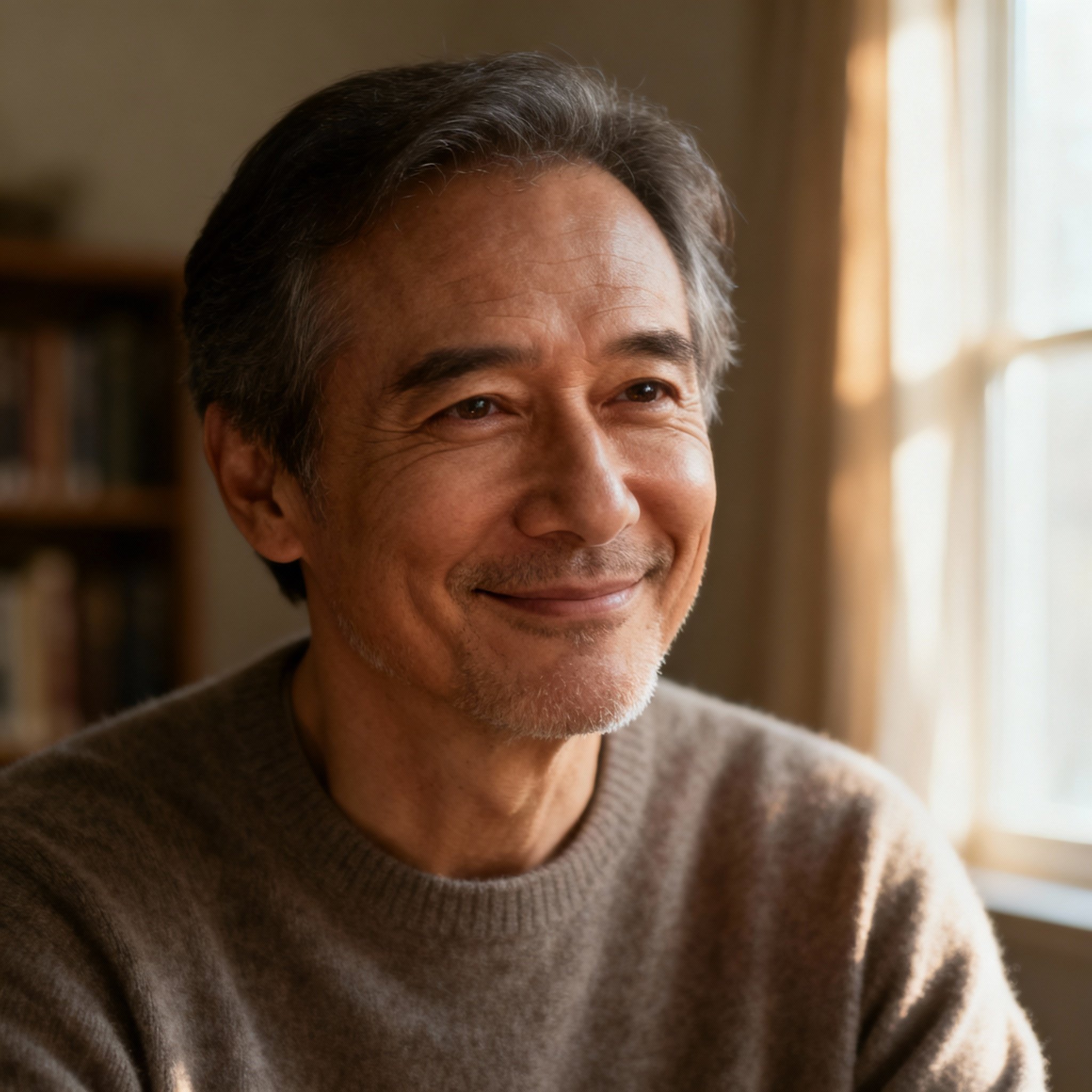 A close-up portrait of William, a wise and compassionate middle-aged male psychic advisor, with a soft background and warm lighting that creates a sense of trustworthiness.