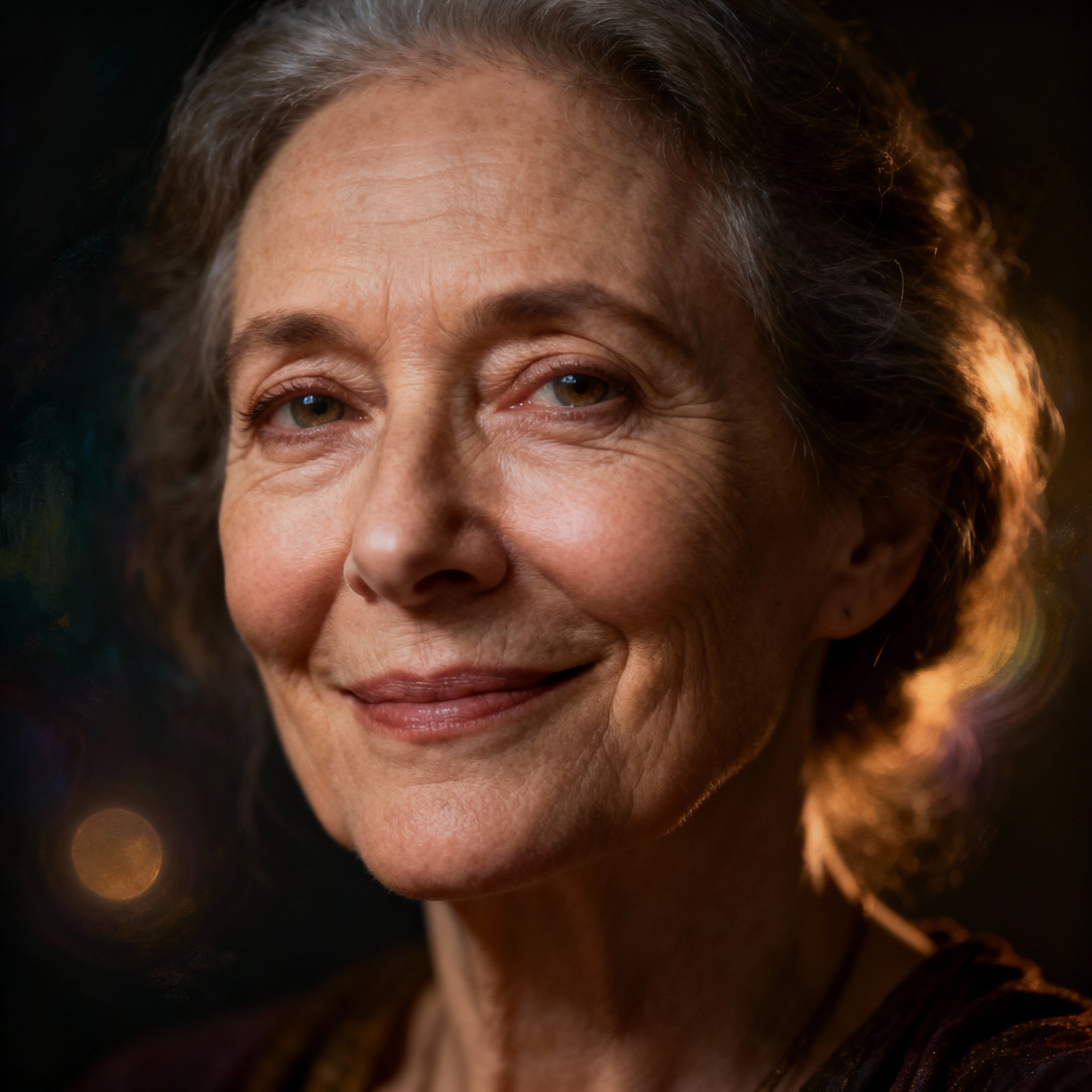 A close-up portrait of the psychic Aura Artz, a mature woman with warm, compassionate eyes and a soft background creating an atmosphere of trust and safety.
