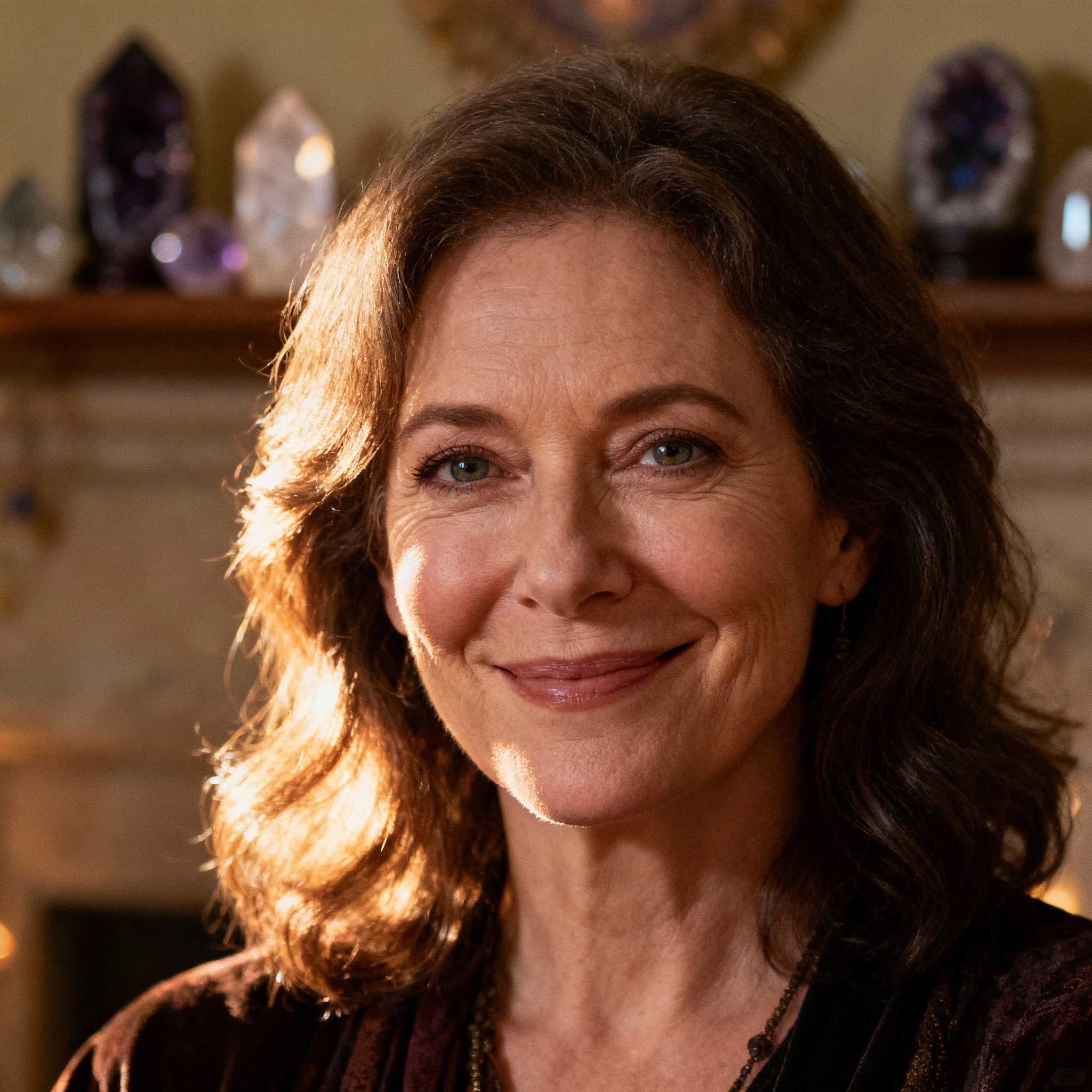 A close-up portrait of Psychic Cilla, a wise and compassionate middle-aged female advisor. She has a warm, knowing smile and an insightful gaze, set against a softly lit, cozy interior that evokes a feeling of trust and reassurance.