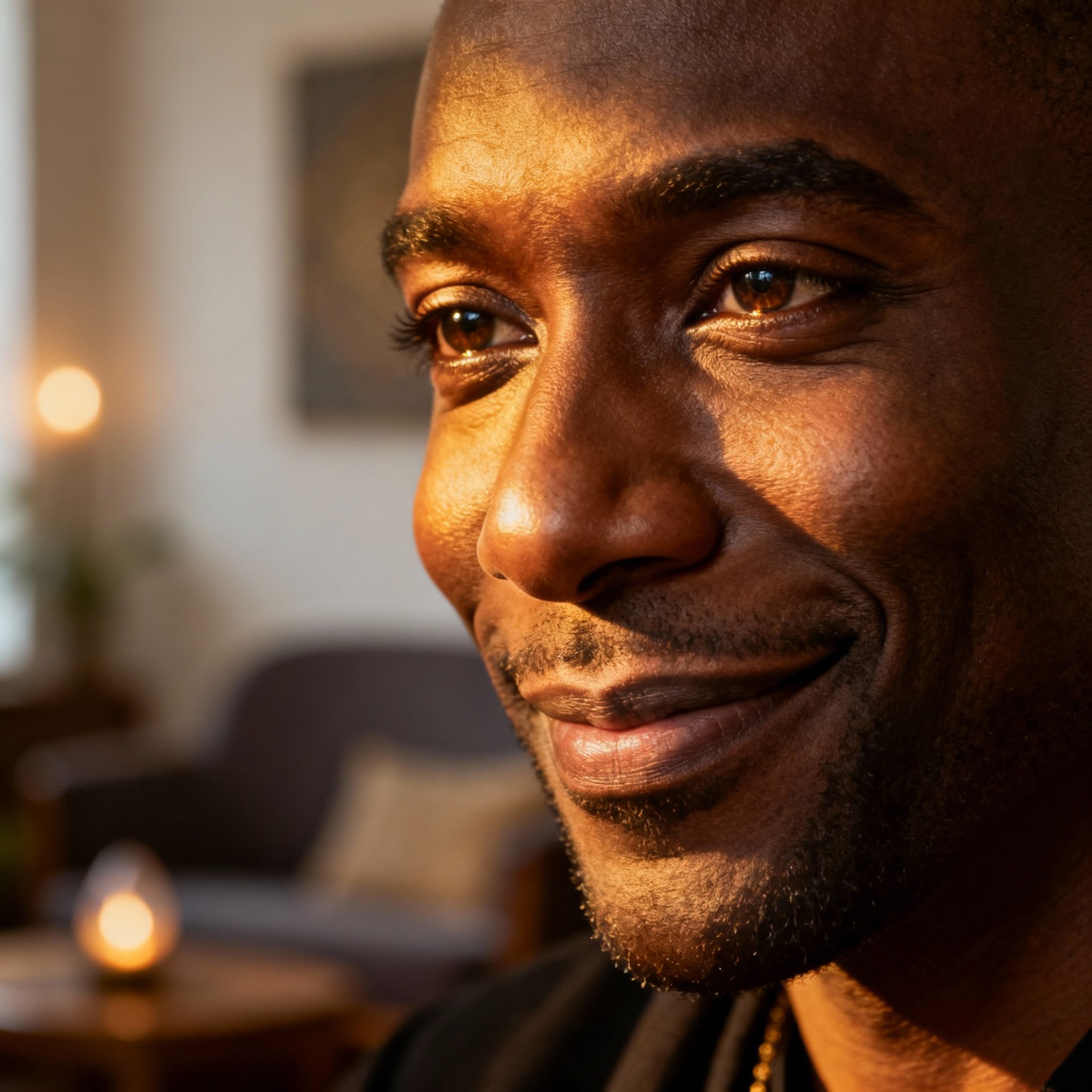 A professional close-up portrait of a Black male psychic named Adam, with a gentle and wise smile, set against soft lighting that creates a trustworthy and compassionate atmosphere.
