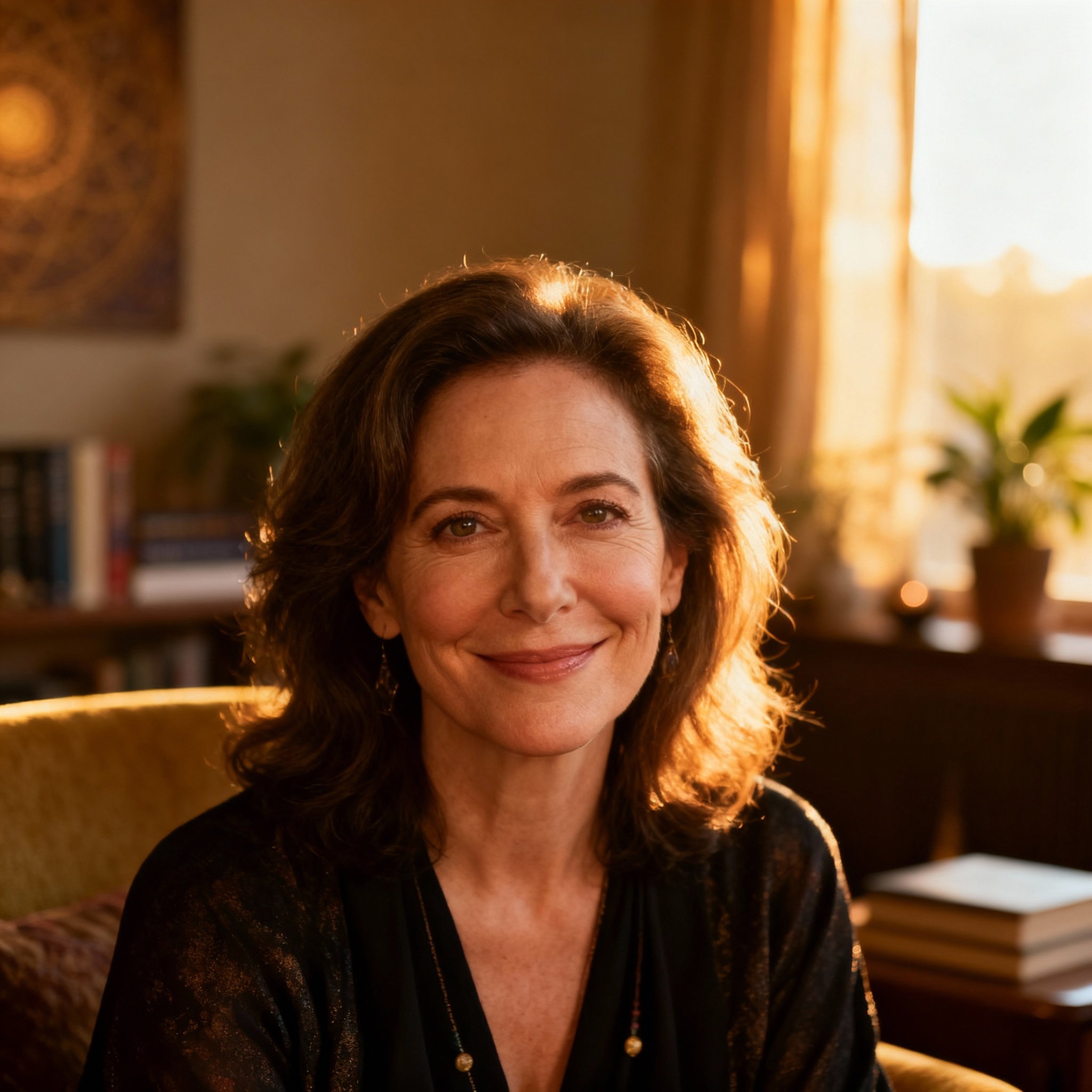 A close-up portrait of Tinas Tarot, a modern psychic advisor who looks wise and empathetic. She has a warm, confident smile and looks directly at the camera, creating a sense of approachability and trust.
