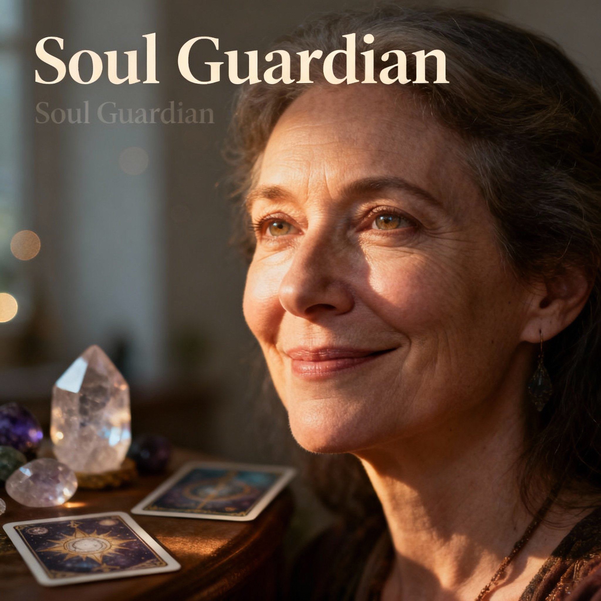 A close-up portrait of a female psychic named 'Soul Guardian'. She has a warm gaze and a compassionate expression, with a soft background creating an atmosphere of trust and reassurance.