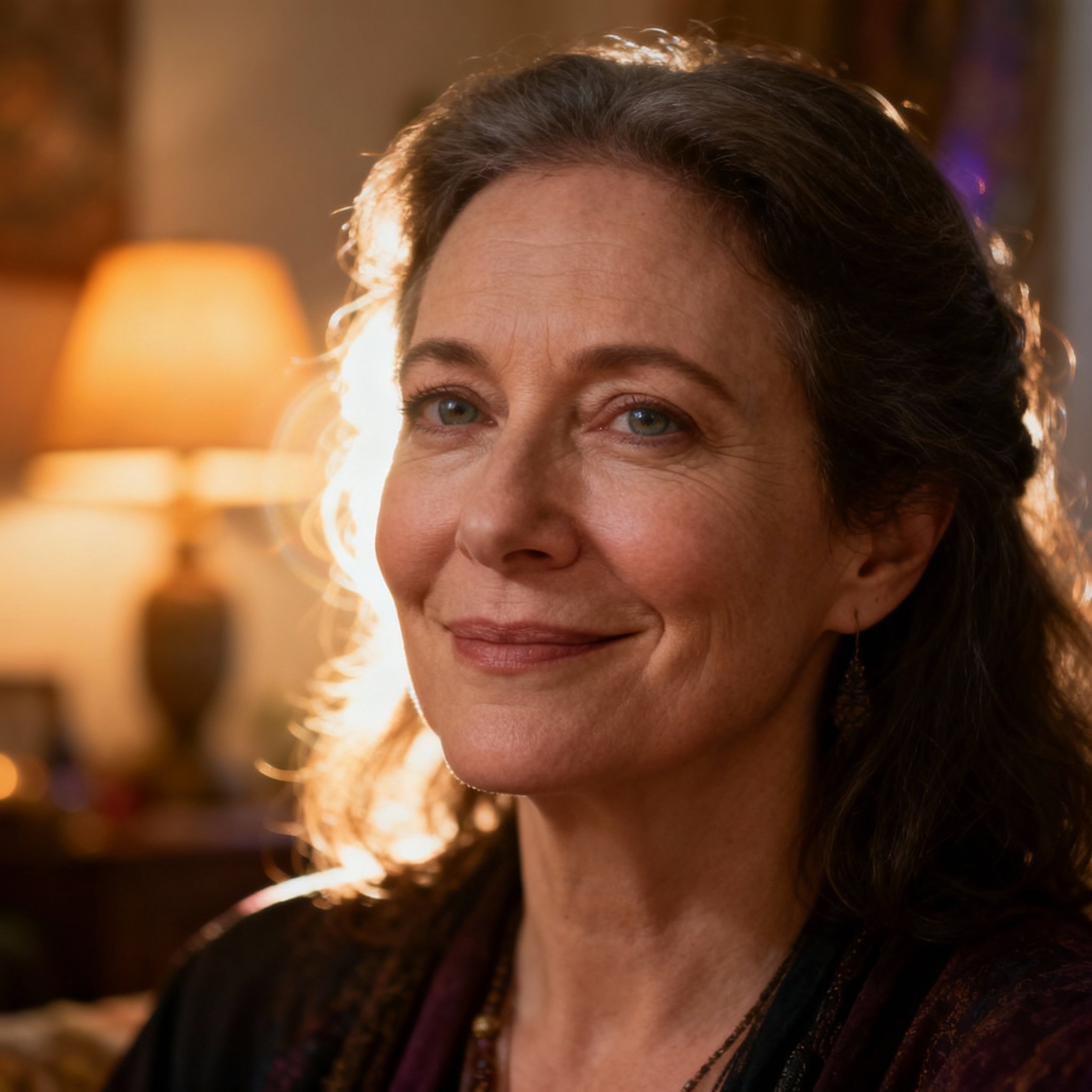 A close-up portrait of psychic Cynthia. She has a gentle smile and her eyes convey wisdom and empathy. The background is a warm, cozy interior, creating a professional and trustworthy impression.