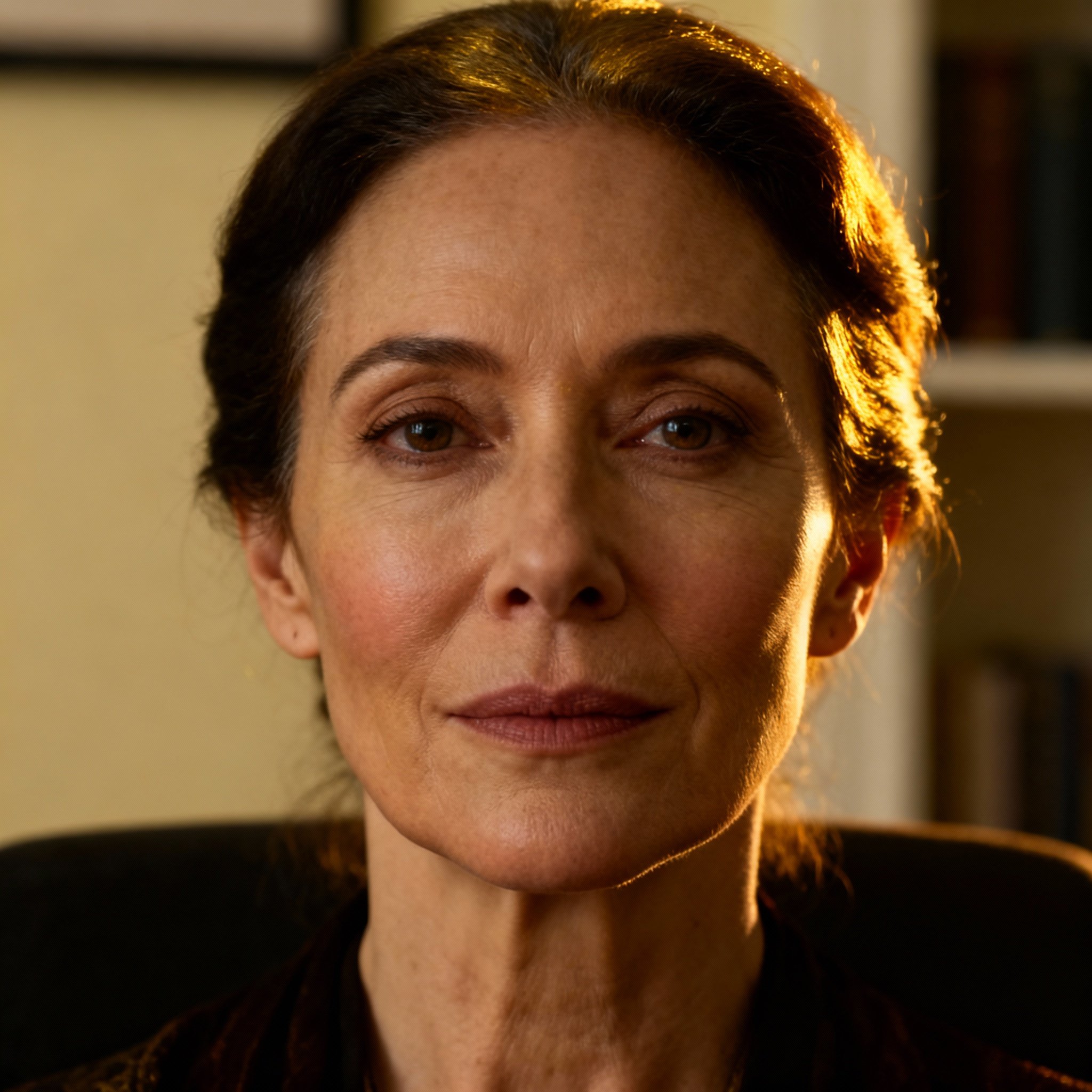 A close-up portrait of a wise and compassionate female psychic. Her gaze is deep and sincere, set against a soft background, conveying a sense of professionalism and trustworthiness.